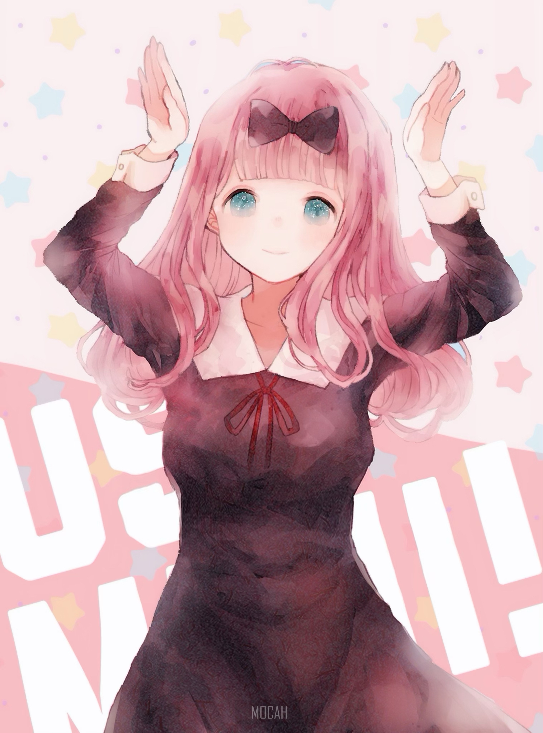 Kaguya Sama: Love Is War, Anime Girl, Fan Art, School Uniform, Pink Hair, Long Hair, Blue Eyes, Smiling, Looking At Viewer, Chika Fujiwara, Black Dress, Black Ribbons, Anime Wallpaper Full Hd, 2221x3000