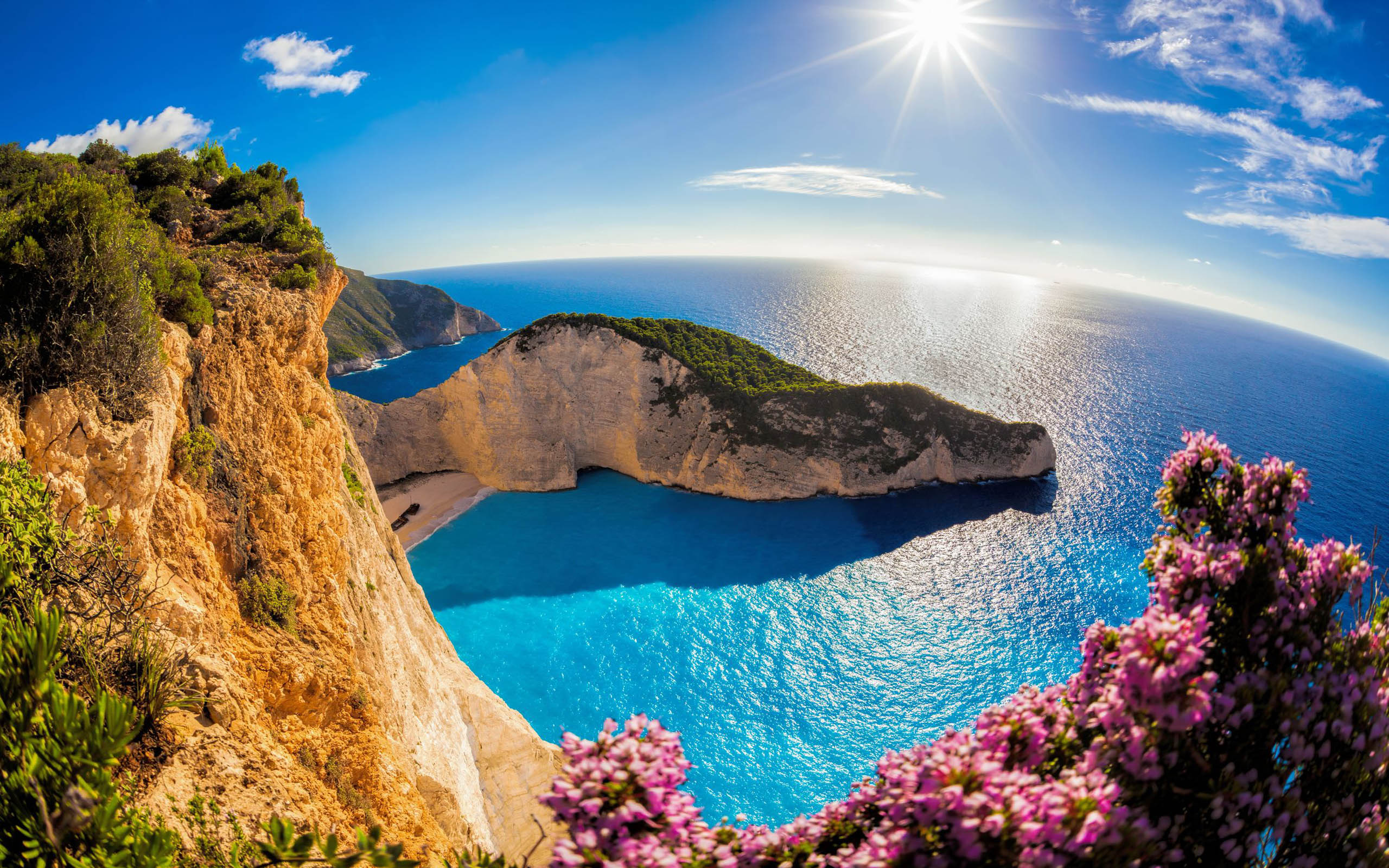 Zakynthos Island In The Ocean In Greece Navajo Beach Sea Sun Sky Panoramic View Wallpaper HD 2560x1600, Wallpaper13.com