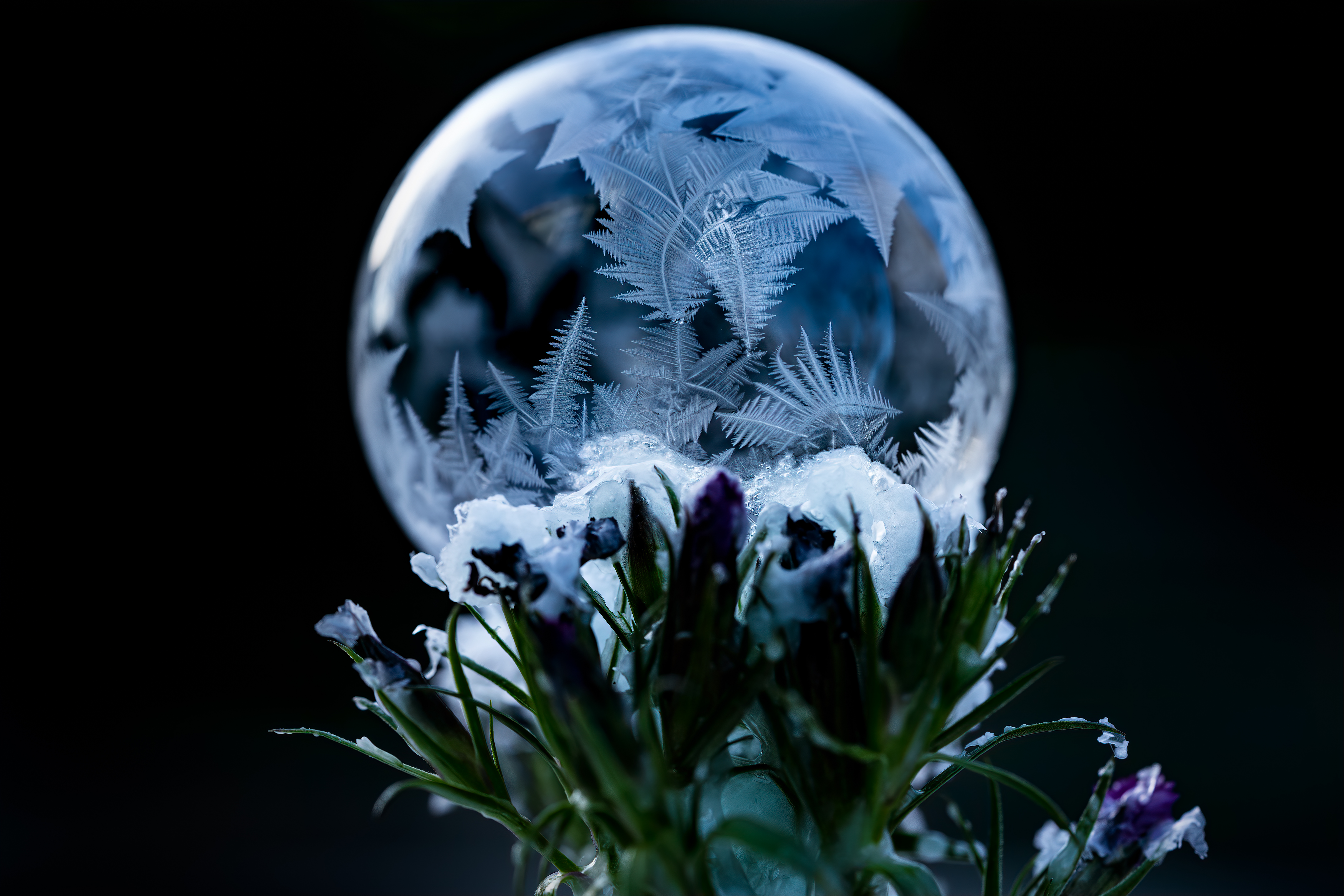 Glowing sphere with ornament near blossoming flowers at night · Free