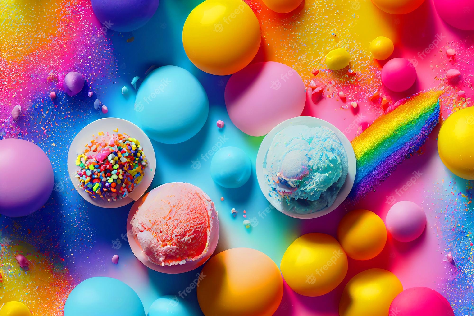 Premium Photo. Colorful ice cream rainbow with topping for food background
