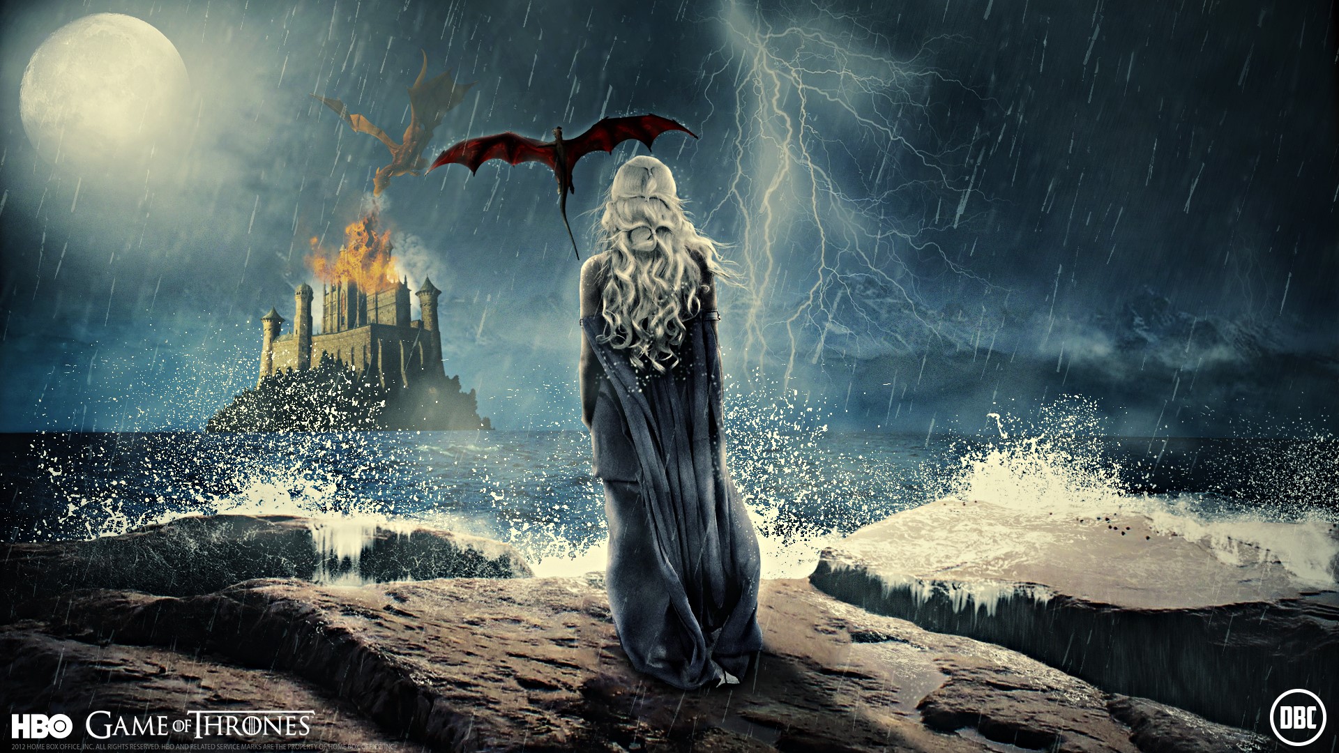 Game of Thrones, Dragons, Waves, Daenerys Targaryen, Lightning, Moon, Night Gallery HD Wallpaper