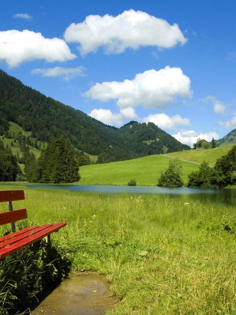 Best Of Nature, green, sky, bench, blue, field iPad wallpaper