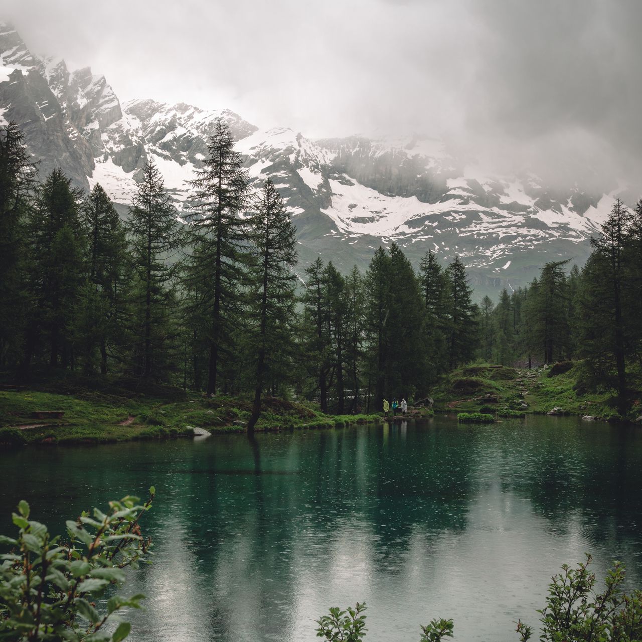 Download wallpaper 1280x1280 lake, mountains, trees, rain, nature ipad, ipad ipad mini for parallax HD background