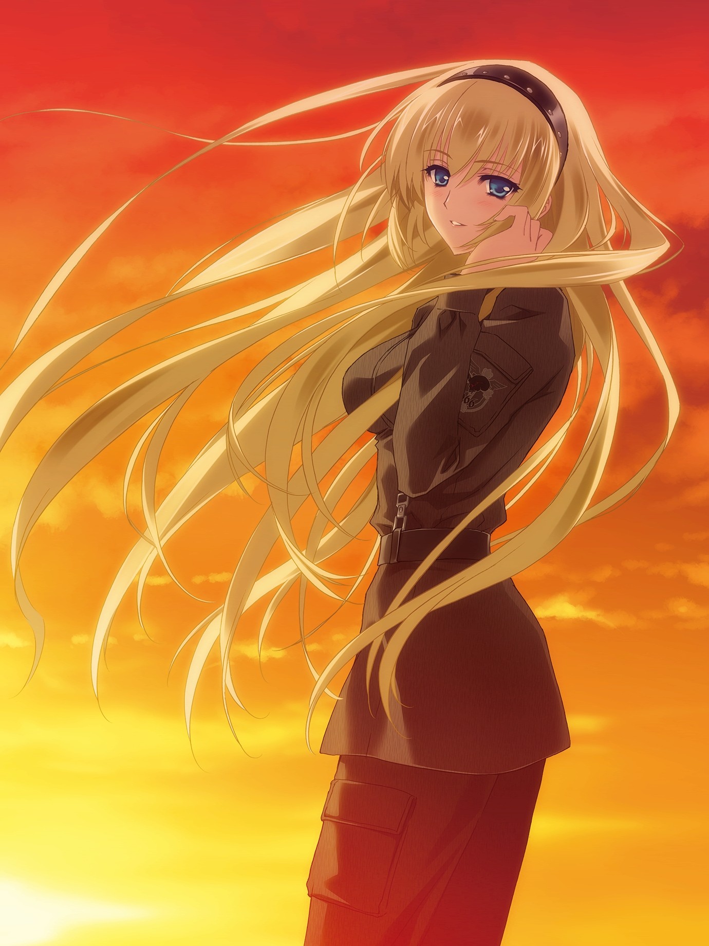 Wallpaper, illustration, blonde, long hair, anime girls, blue eyes, Toy, uniform, Schwarzesmarken, Irisdina Bernhard, computer wallpaper 1380x1840