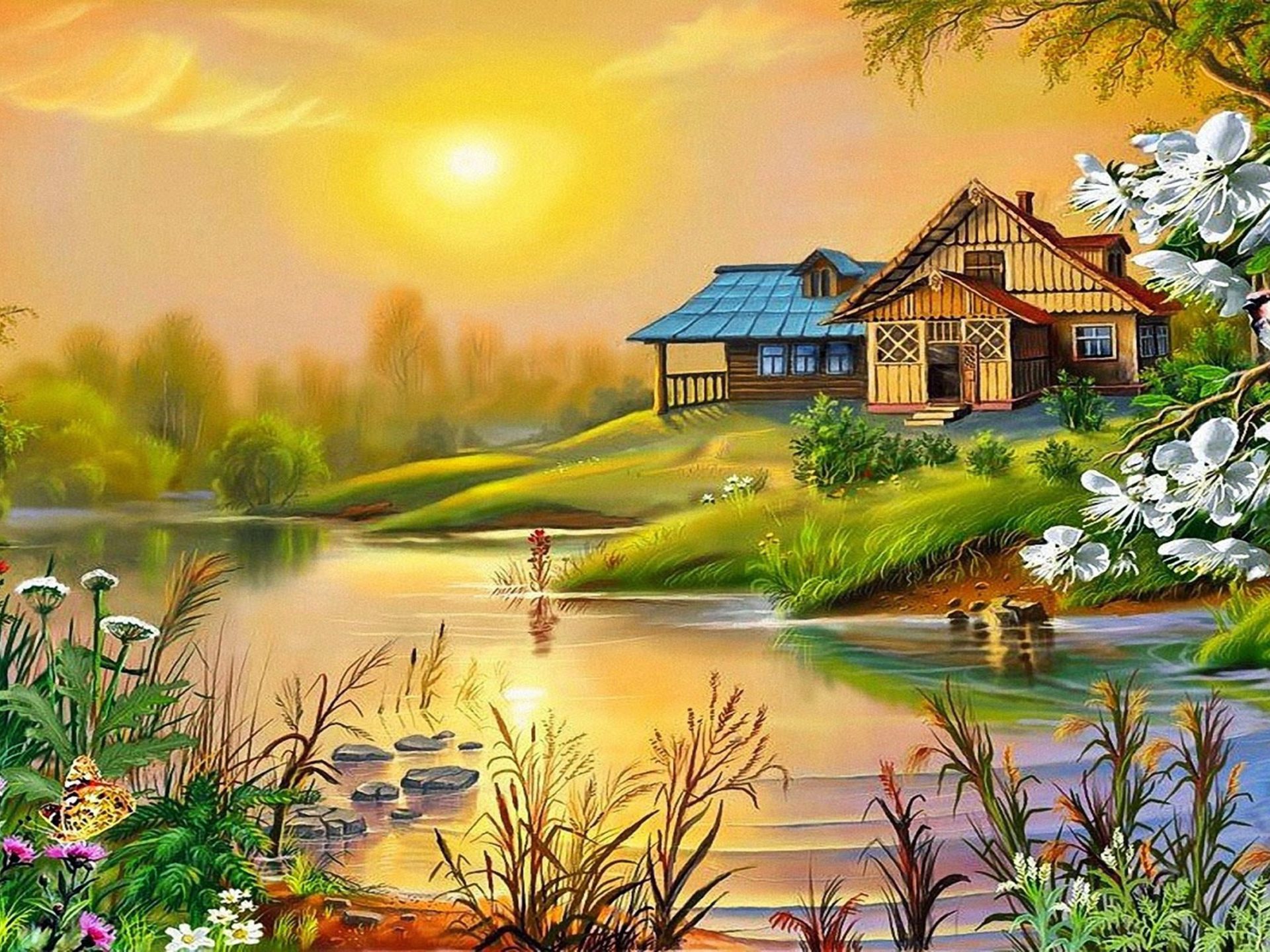 Spring, , Sun, House, River, Bird, Blossoming Trees 0534, Wallpaper13.com