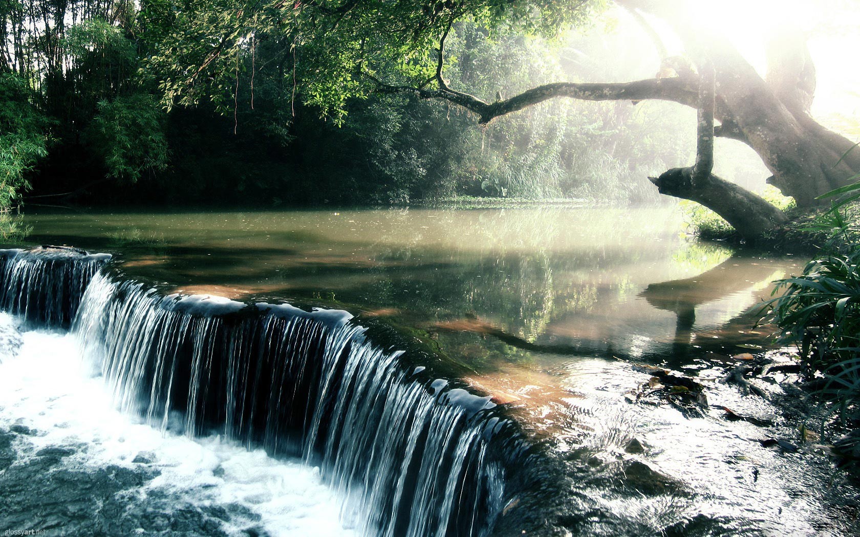 water, waterfall, trees, river, nature, grass, sun rays Gallery HD Wallpaper