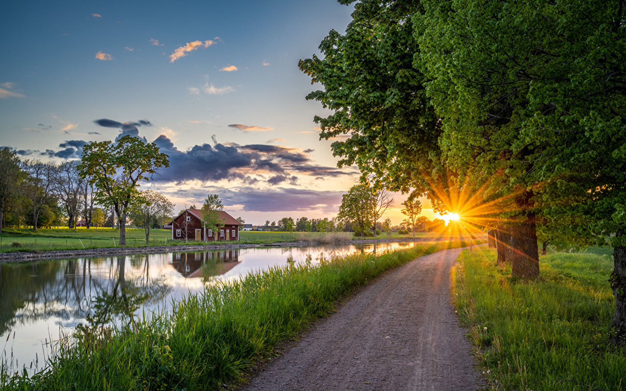 Photos Rays of light Sweden Ekholmen Sun Nature Roads sunrise and