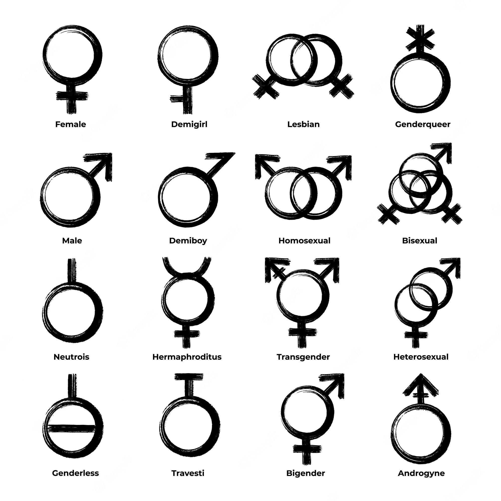 Premium Vector. Set of basic gender symbols female, demigirl, lesbian, genderqueer, male, demiboy, homosexual, bisex