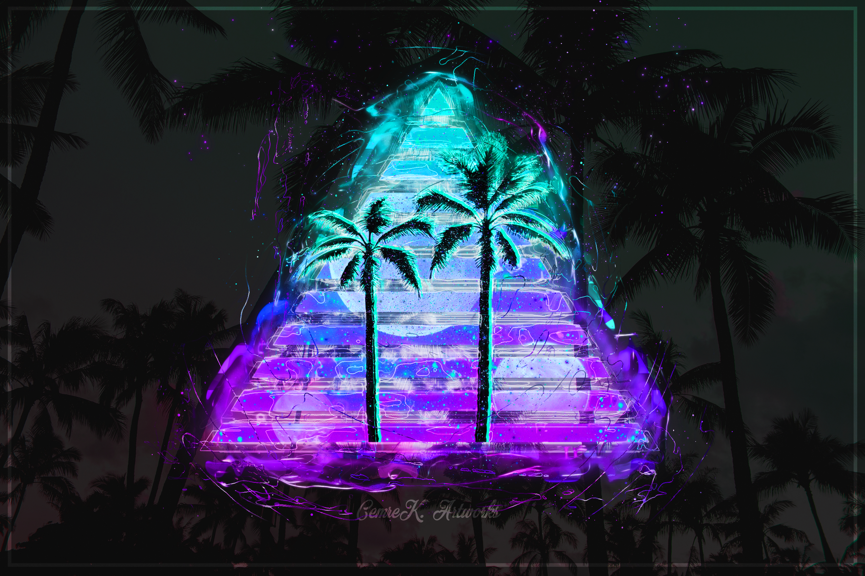vaporwave, cyan, purple, abstract, artwork, palm trees Gallery HD Wallpaper