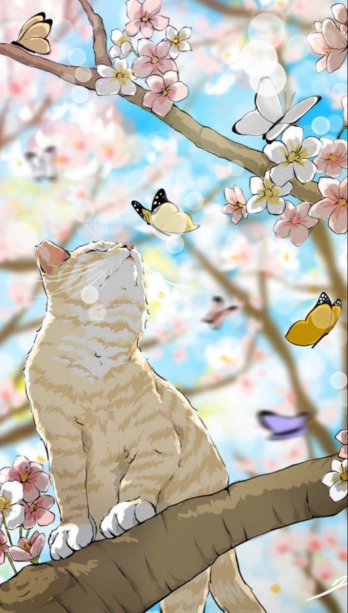 Spring cat. Милые рисунки, Иллюстрации арт, Рисунки животных