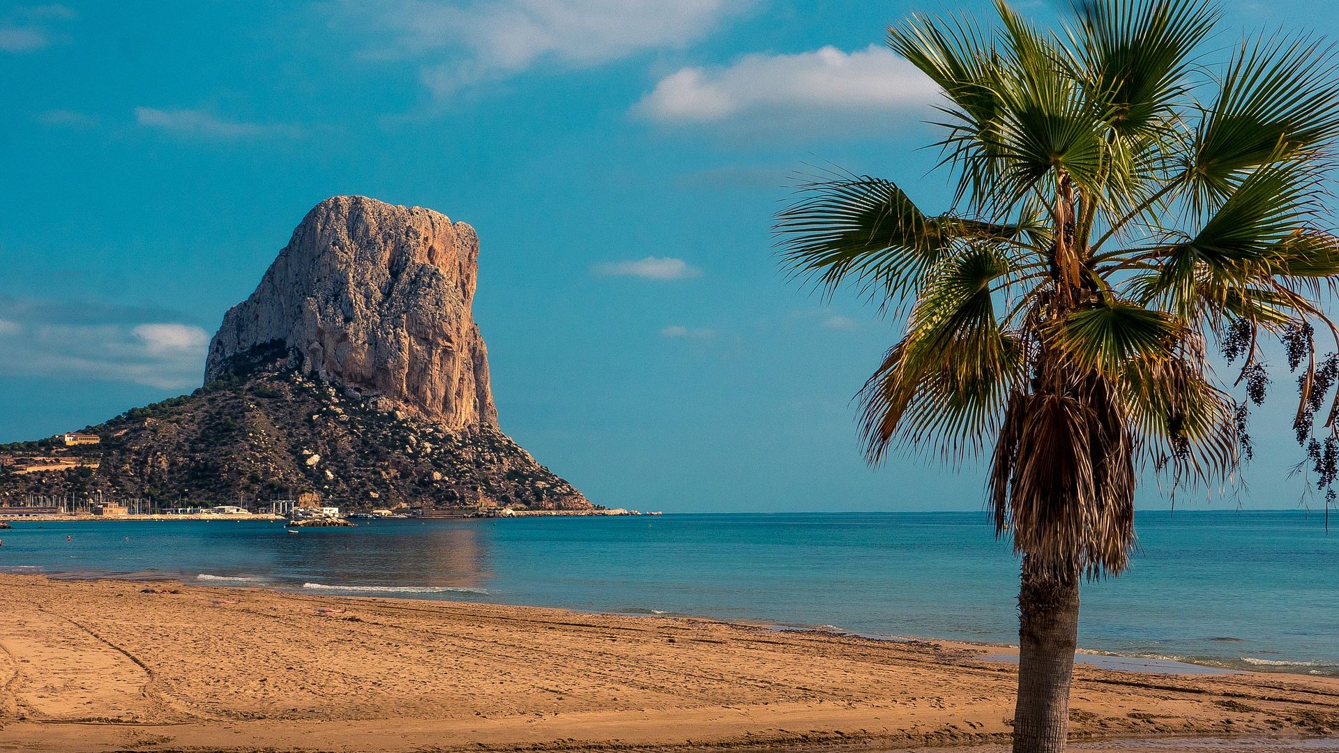 Desktop Wallpaper Spain Beach, Tree, Sand, Mountains, Cliff, HD Image, Picture, Background, Gv4qla