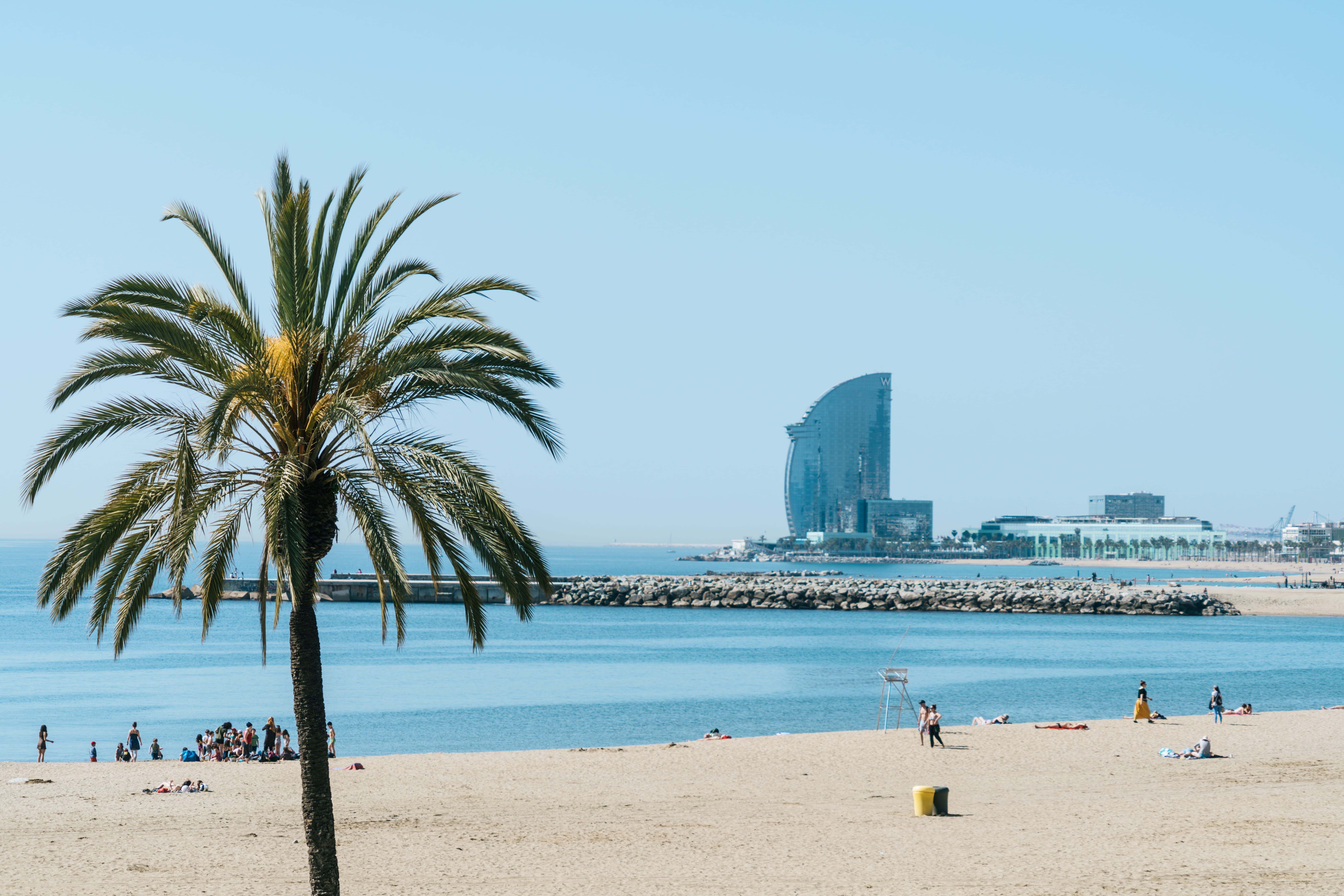 HD wallpaper: spain, barcelona, barcelona beach, people, no clouds, beaches. Barceloneta beach, Barcelona beach, Beach wallpaper