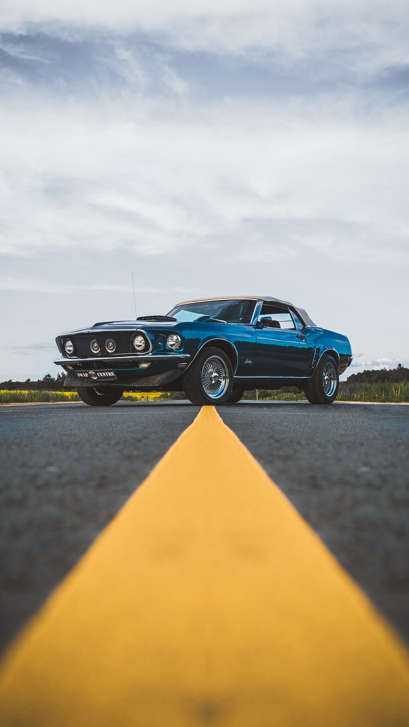 Download wallpaper 1350x2400 ford mustang, car, blue, side view, road, asphalt iphone 8+/7+/6s+/for parallax HD background