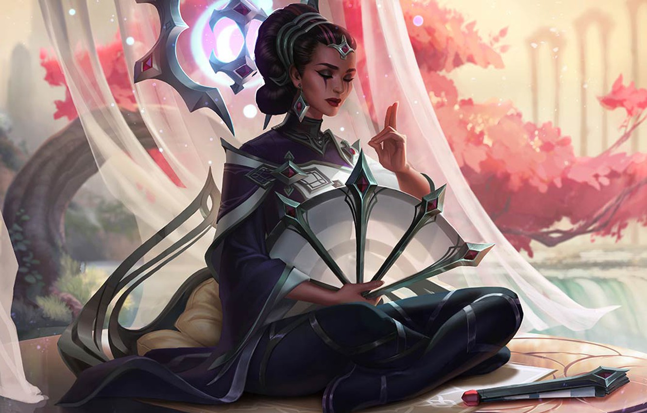 Wallpaper girl, fantasy, flowers, mood, peach, League of Legends, asian, digital art, Princess, artwork, fantasy art, Karma, fan, meditation, fantasy girl, legs crossed image for desktop, section игры