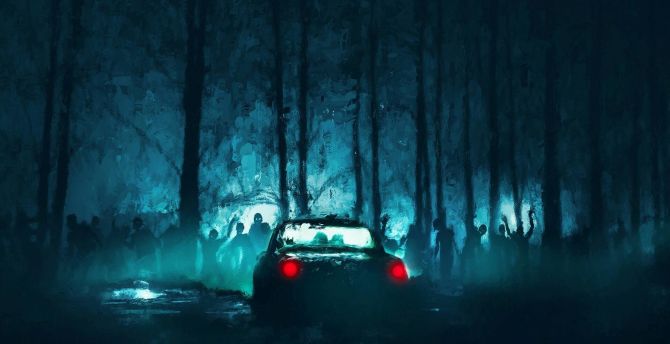 Wallpaper zombies, car, night, dark, art desktop wallpaper, HD image, picture, background, 260c34