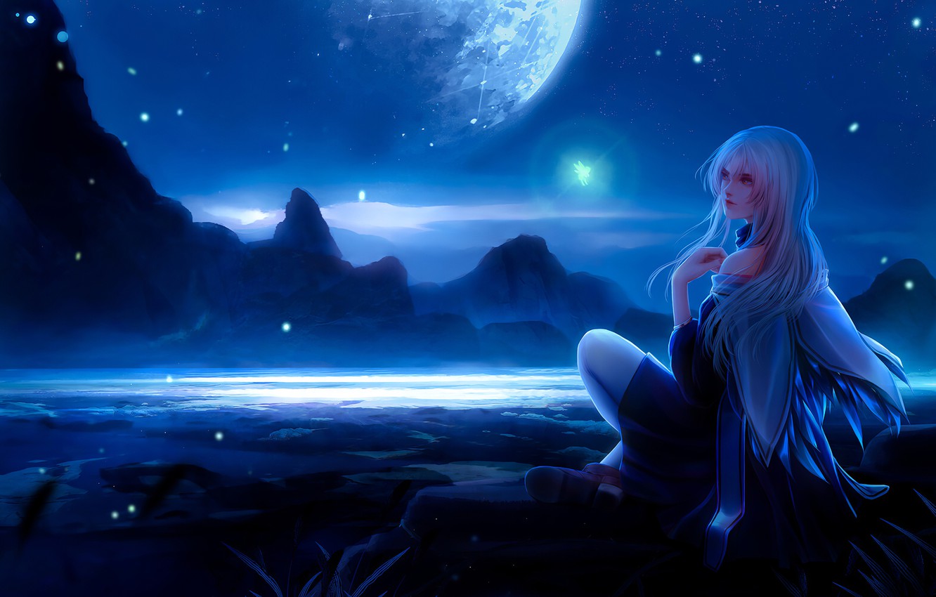 Wallpaper dreams, mountains, night, loneliness, planet, meditation, night, mountains, loneliness, planet, starlight, dreams, blonde girl, thoughts, blond girl, starlight image for desktop, section арт