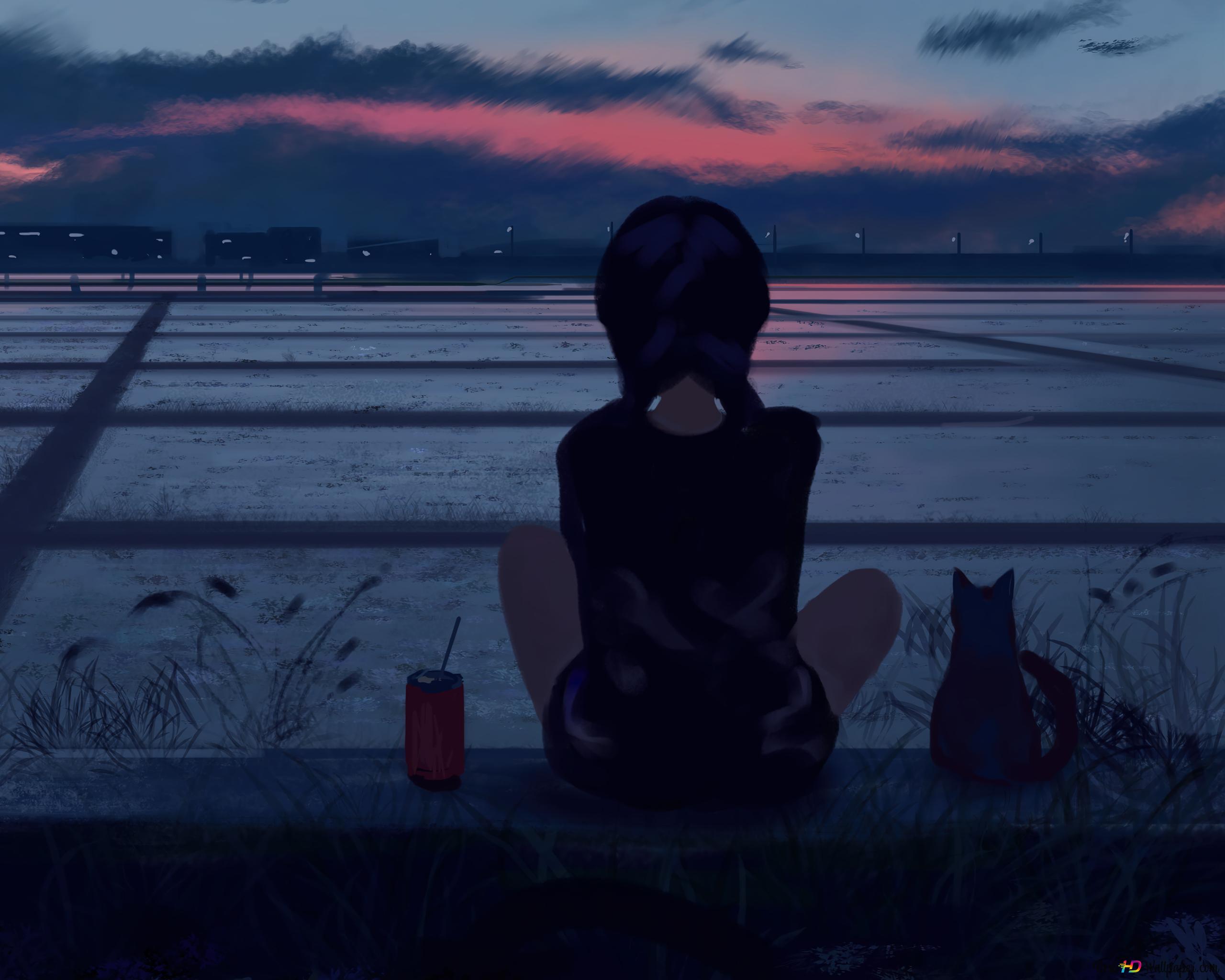 Anime Girl With Cat watching Sunset 4K wallpaper download
