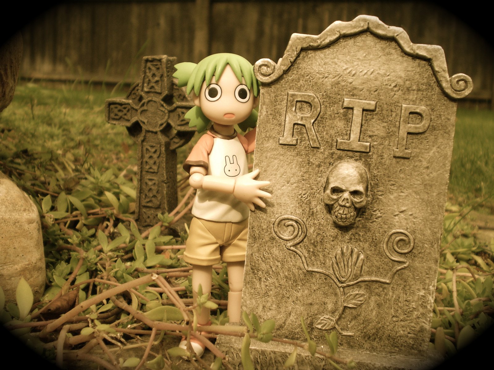 Wallpaper, holiday, cute, Halloween, girl, cemetery, grave, graveyard, garden, dead, Toy, outdoors, death, scary, vines, backyard, dof, action, rip, tomb, manga, eerie, spooky, kawaii, figure, horror, iphoto, ghostly, tombstones, koiwai, fright