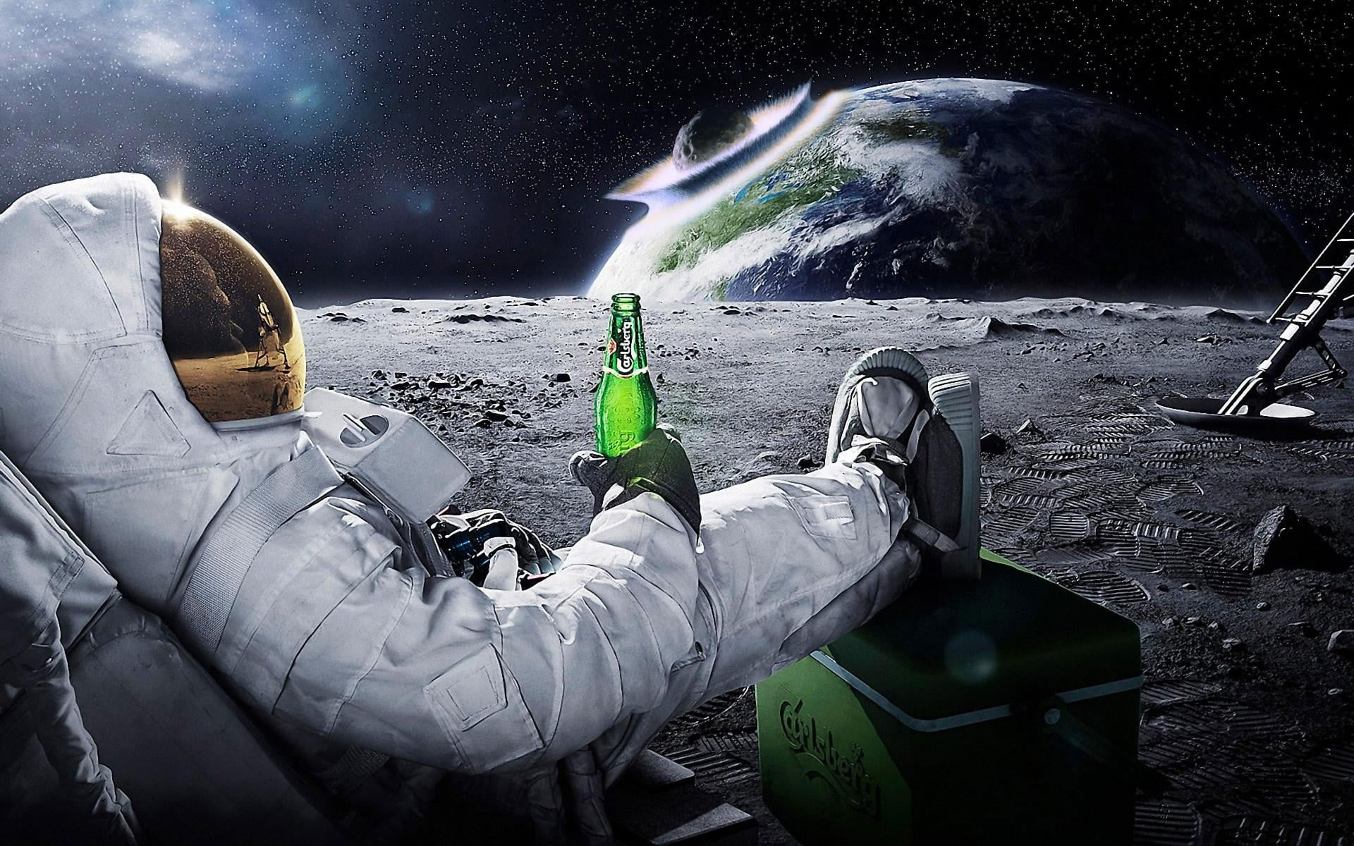Astronaut Drinking Beer On Moon While Watching Earth Destroy Wallpaper