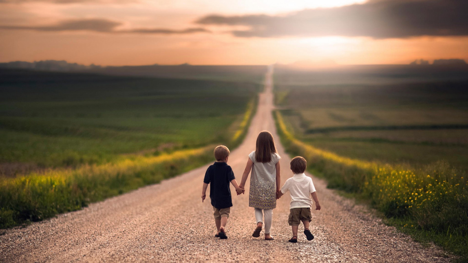 Wallpaper, sunlight, sunset, children, nature, field, morning, natural light, dirt road, holding hands, path, Nebraska, Jake Olson 1920x1080