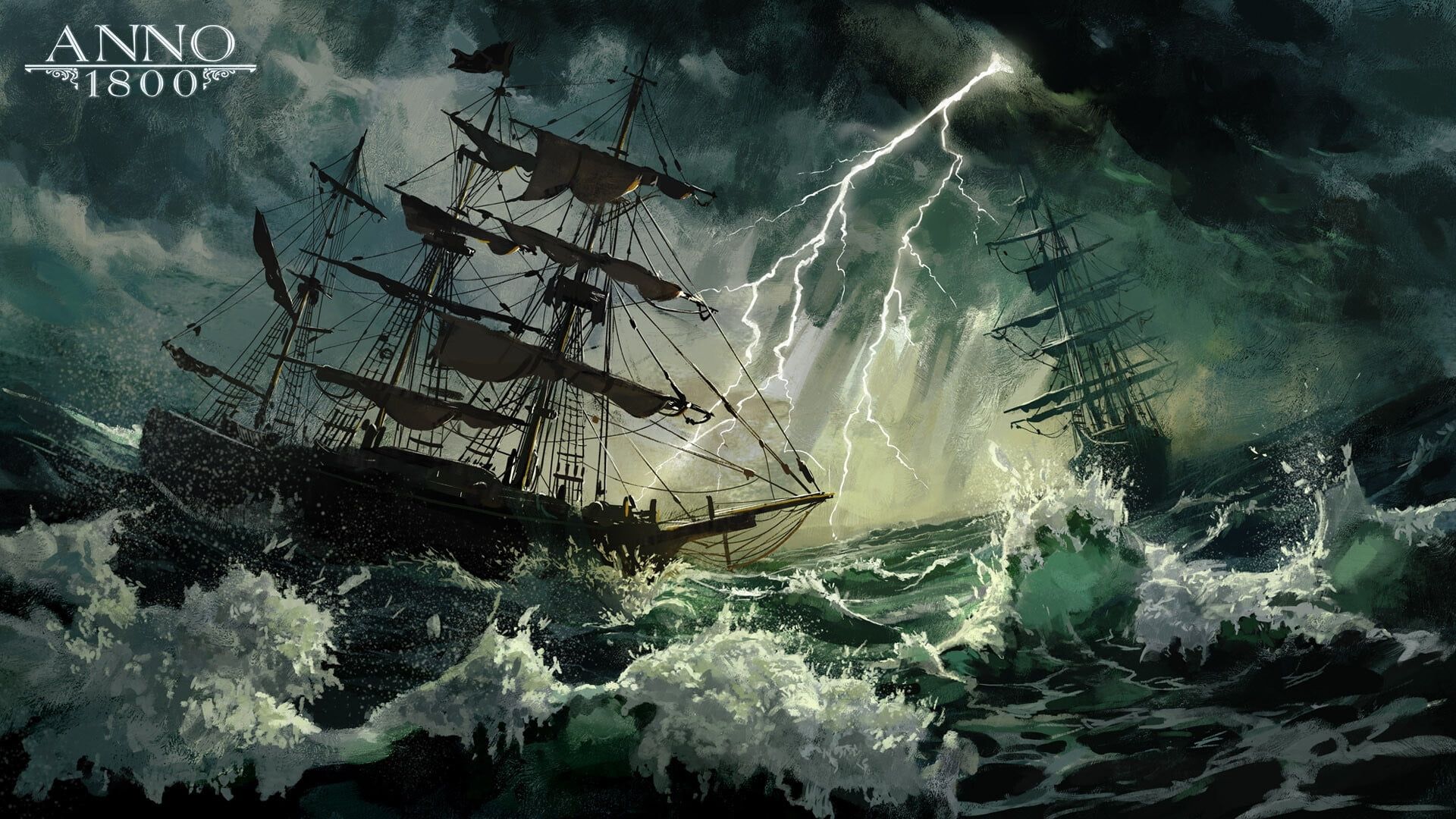 Anno 1800 s digital art concept art #artwork #Ubisoft ocean battle sailing ship #storm #waves #lightning #frigates. Concept art, Live wallpaper, Wallpaper