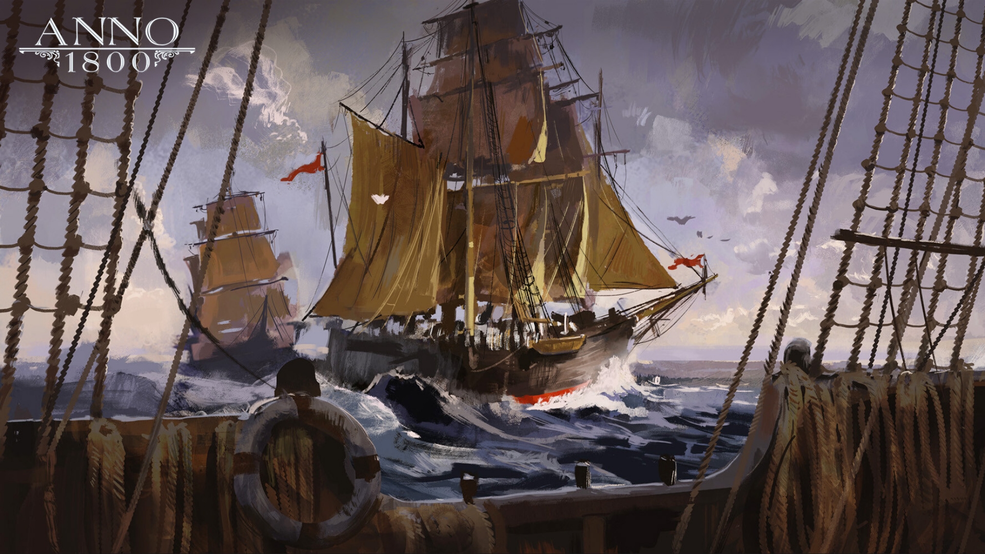 Wallpaper, Anno 1800, 1800s, digital art, concept art, artwork, Ubisoft, sailing ship, frigates, rigging ship, sea 1920x1080