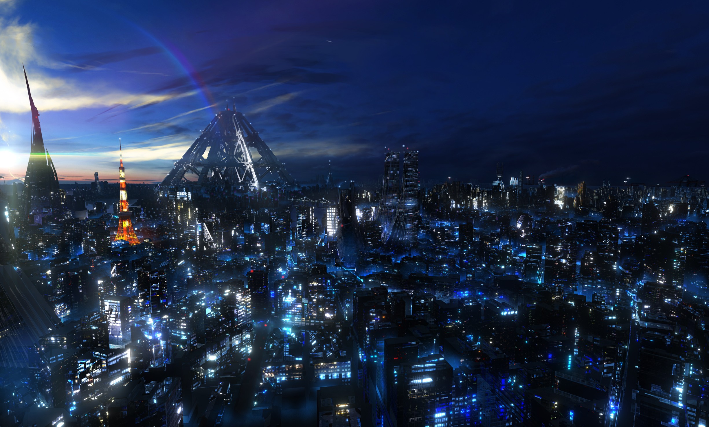 Wallpaper, city, cityscape, night, anime, sky, skyline, skyscraper, evening, horizon, dusk, Guilty Crown, metropolis, Tokyo, darkness, atmosphere of earth, metropolitan area, human settlement 2450x1476