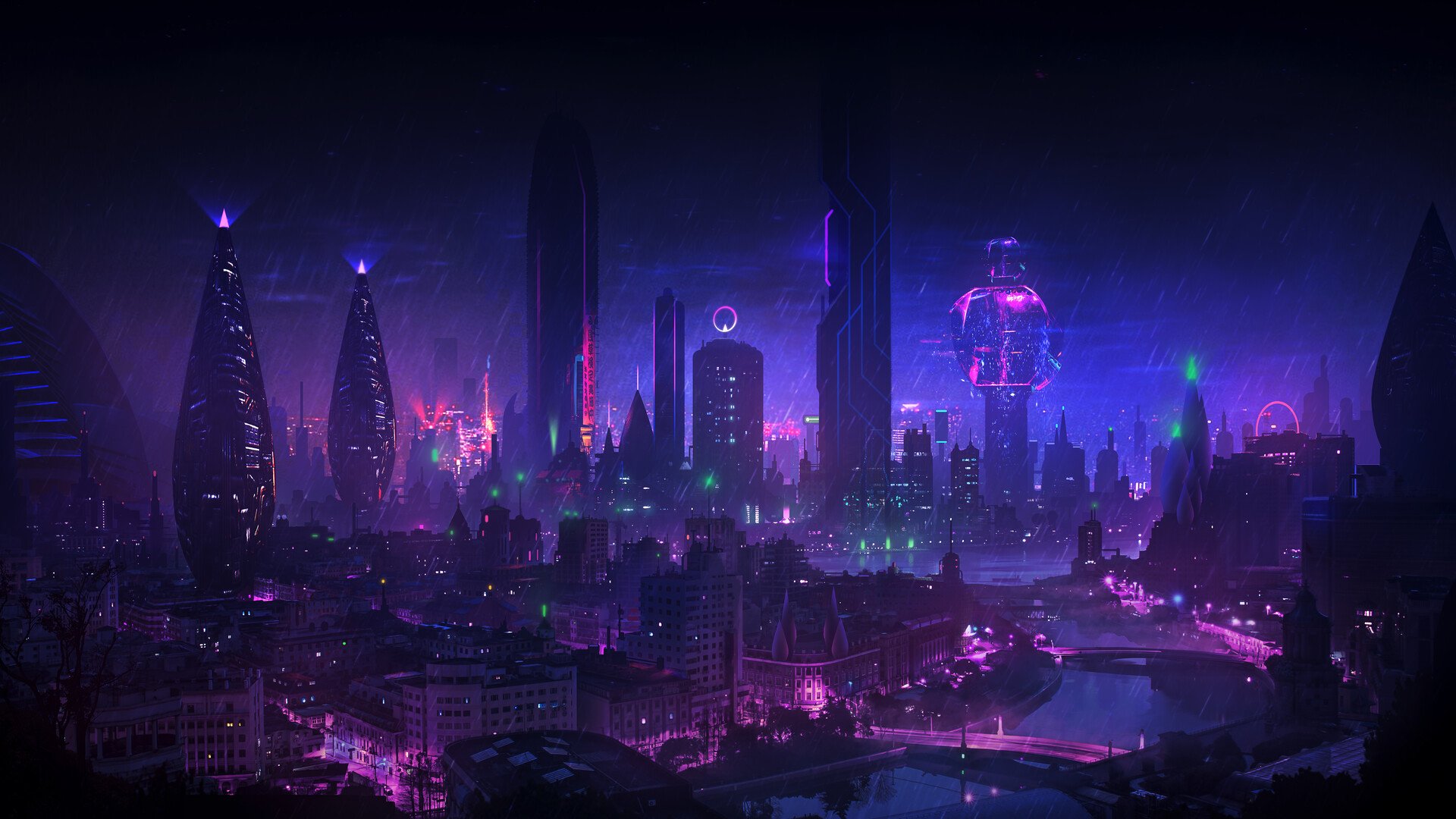 Wallpaper, DominiqueVanVelsen, cyberpunk, city, night, rain, neon glow, cityscape, purple, bridge 1920x1080