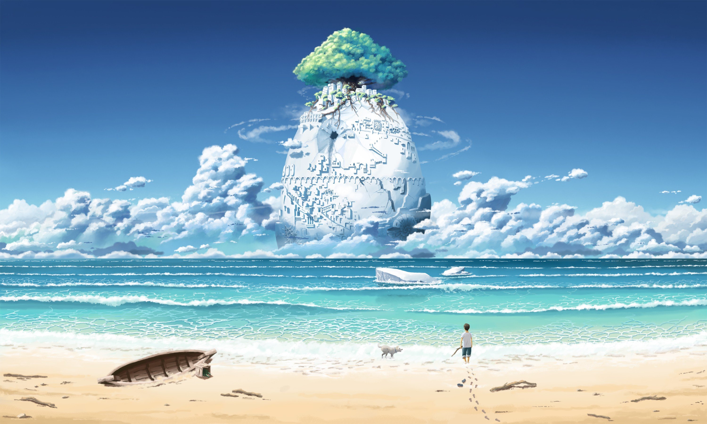 waves, clouds, fantasy art, sea, trees, beach Gallery HD Wallpaper