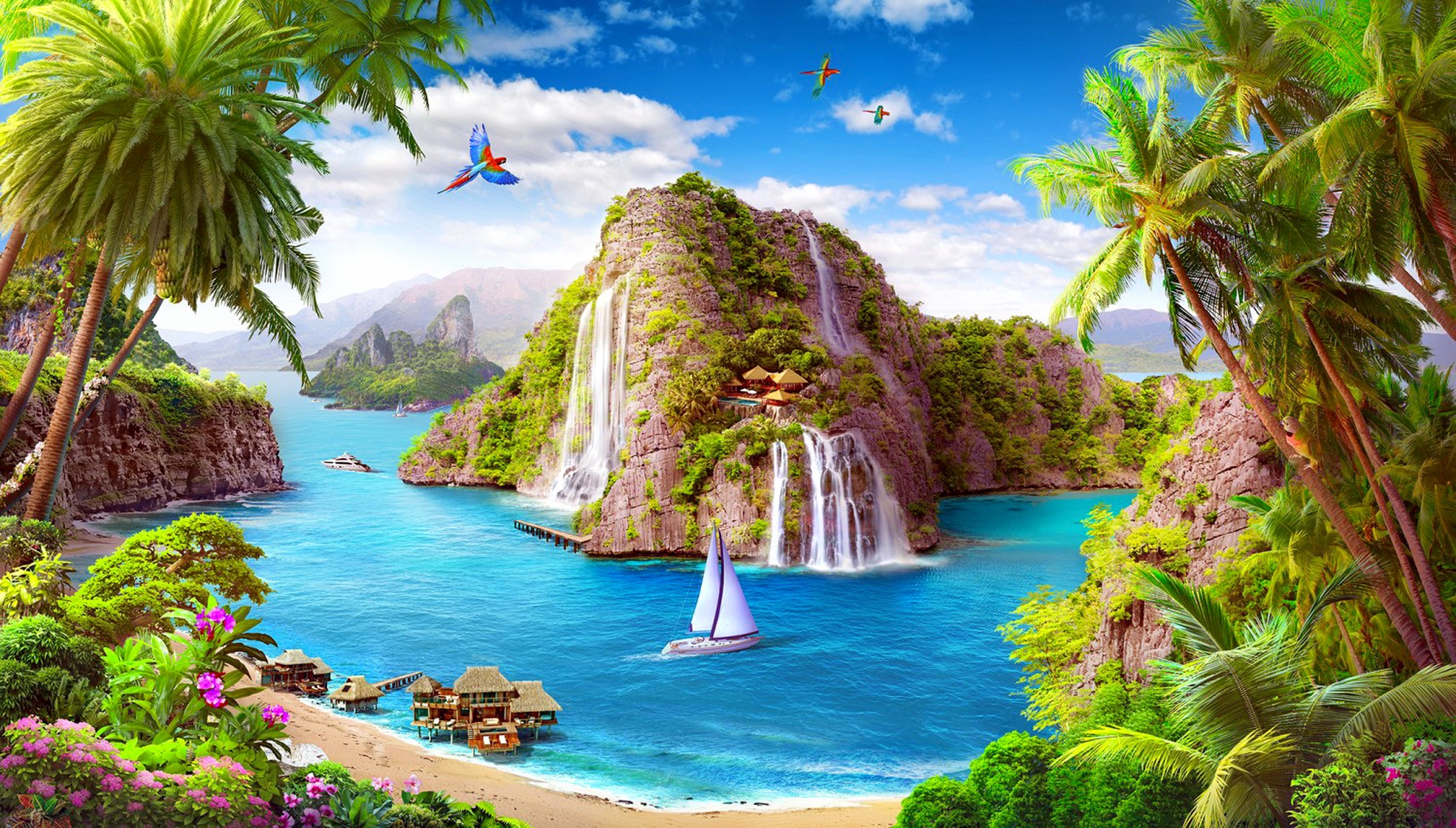 HD desktop wallpaper: Fantasy, Beach, Bird, Tree, Ocean, Artistic, Tropical, Palm Tree download free picture