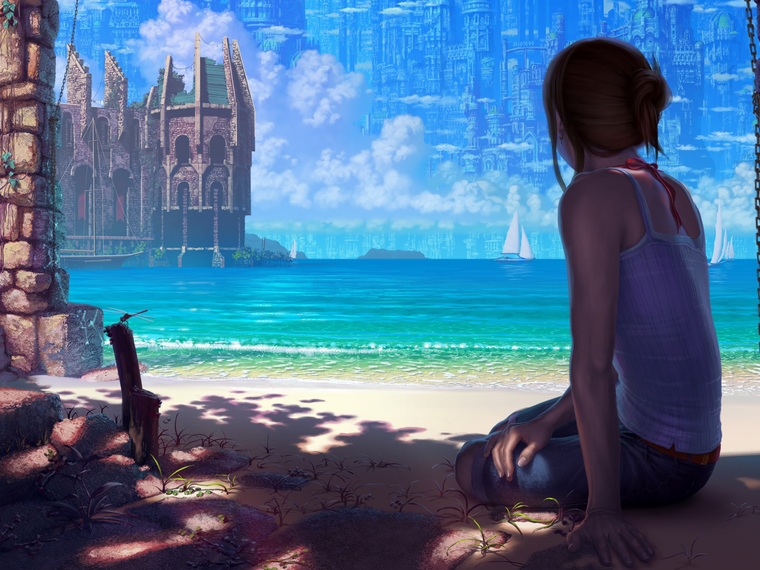 fantasy, , Women, Sea, City, Beach, Sun, Summer Wallpaper HD / Desktop and Mobile Background