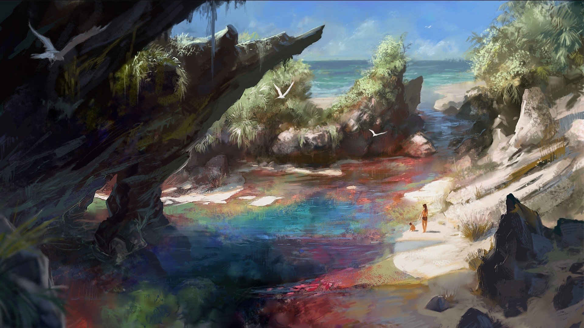 beach, artwork, colorful, nature, fantasy art, sea, coves Gallery HD Wallpaper