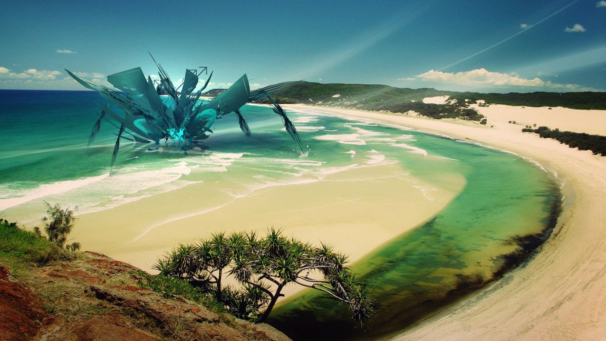 Monsters tropical fantasy art digital art beaches wallpaperx1080