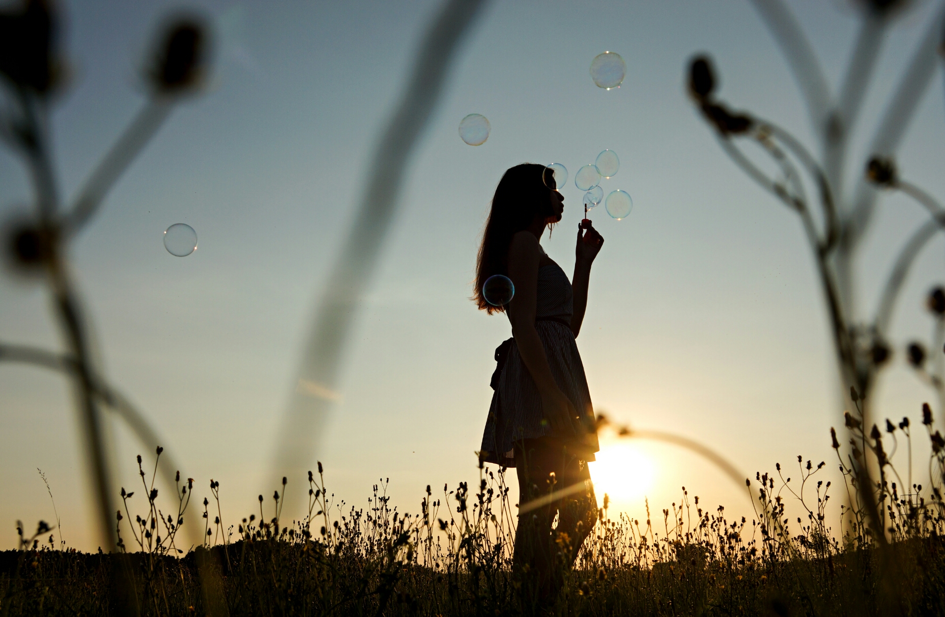 Wallpaper, sunlight, sunset, grass, sky, field, silhouette, evening, morning, Sun, bubbles, backlighting, happiness, spring, light, tree, plant, girl, fun, sonne, feld, abendsonne, abendrot, seifenblase, sonenuntergang, graphy 1852x1210