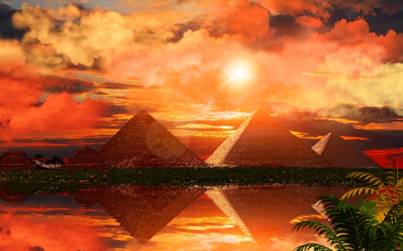 HD desktop wallpaper: Landscape, Sunset, Artistic, Tropical, Orange (Color), Palm Tree, Nile download free picture
