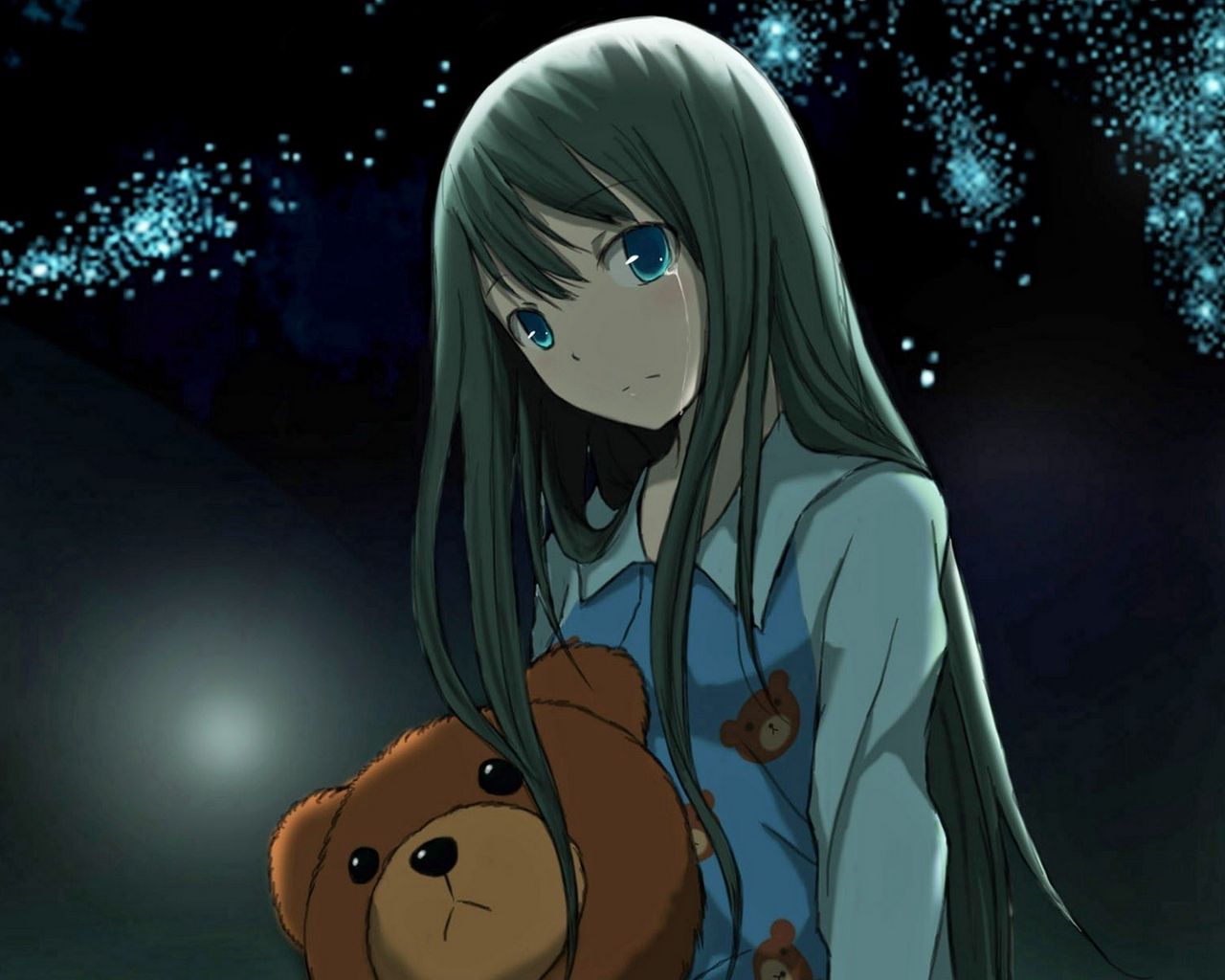 Download wallpaper 1280x1024 anime, girl, toy, bear, night, star standard 5:4 HD background