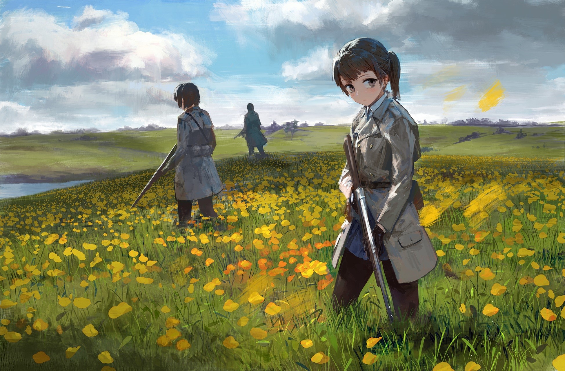 sky, anime girls, field, plants, flowers, anime, outdoors, dark hair, rifles Gallery HD Wallpaper