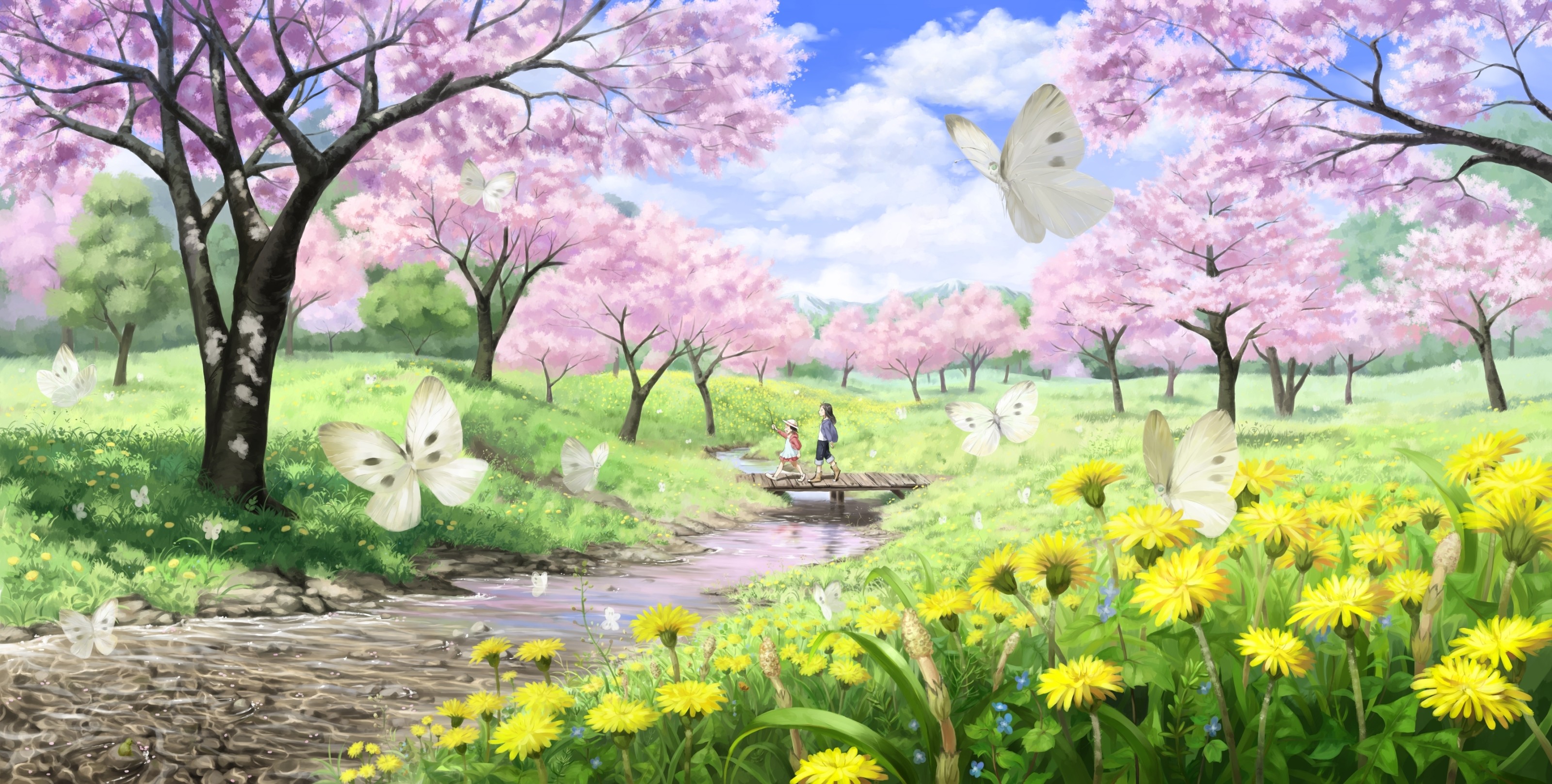 Wallpaper, landscape, anime, field, butterfly, blossom, flower, plant, flora, meadow, wildflower, woodland 3200x1617