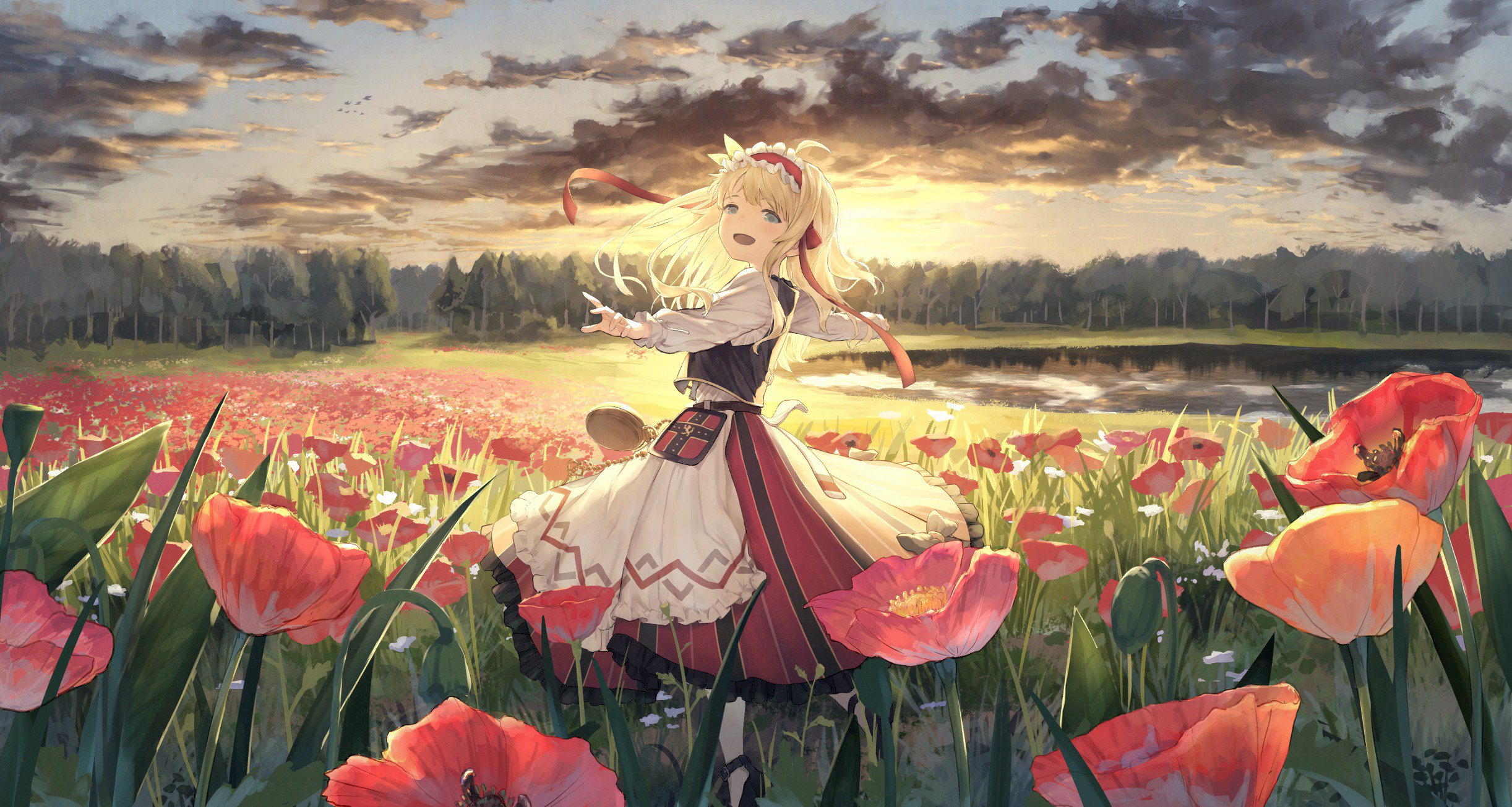 landscape, red flowers, anime girls, Bionekojita, field, sunset, women Gallery HD Wallpaper