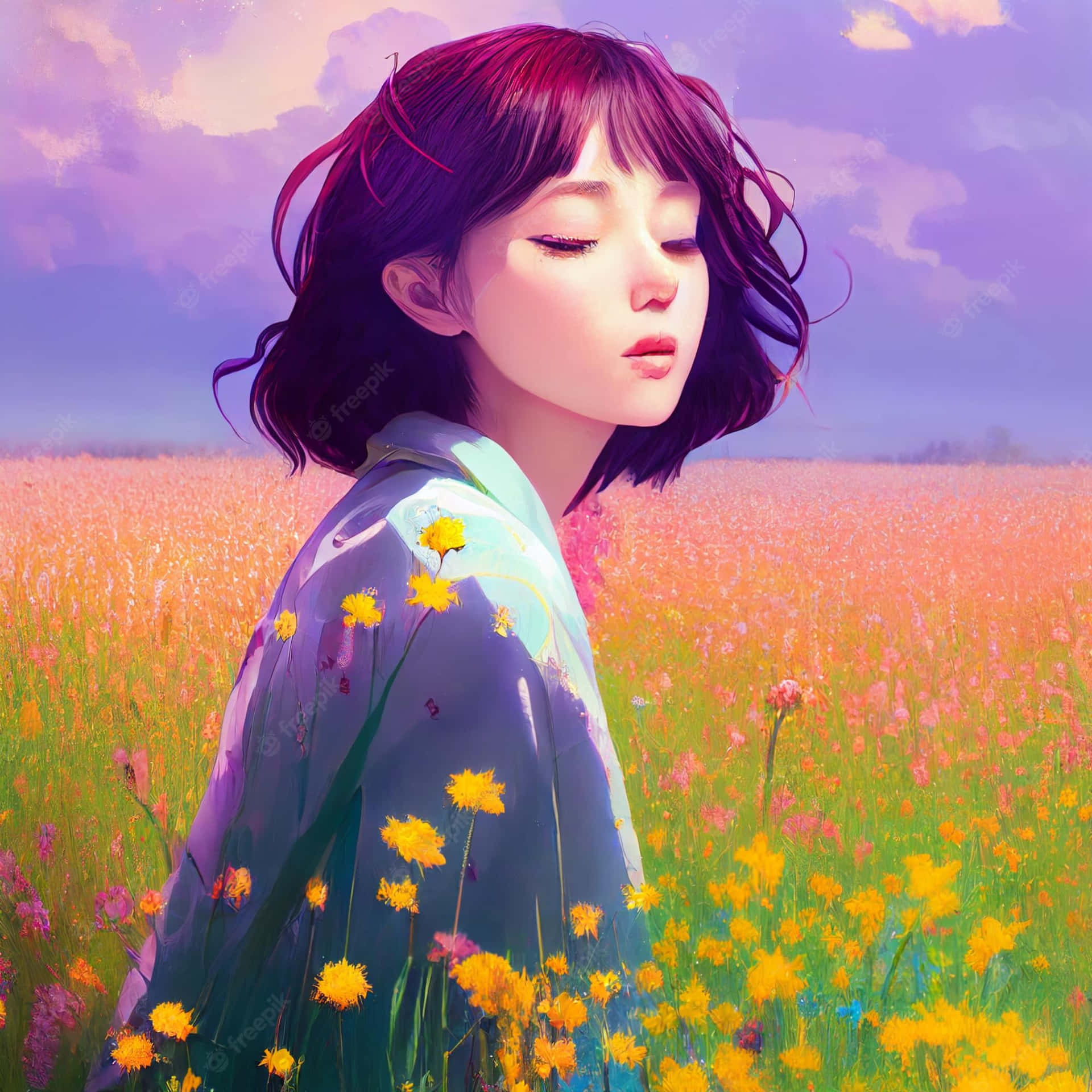 Download Korean Anime Girl On A Field Of Flowers Wallpaper