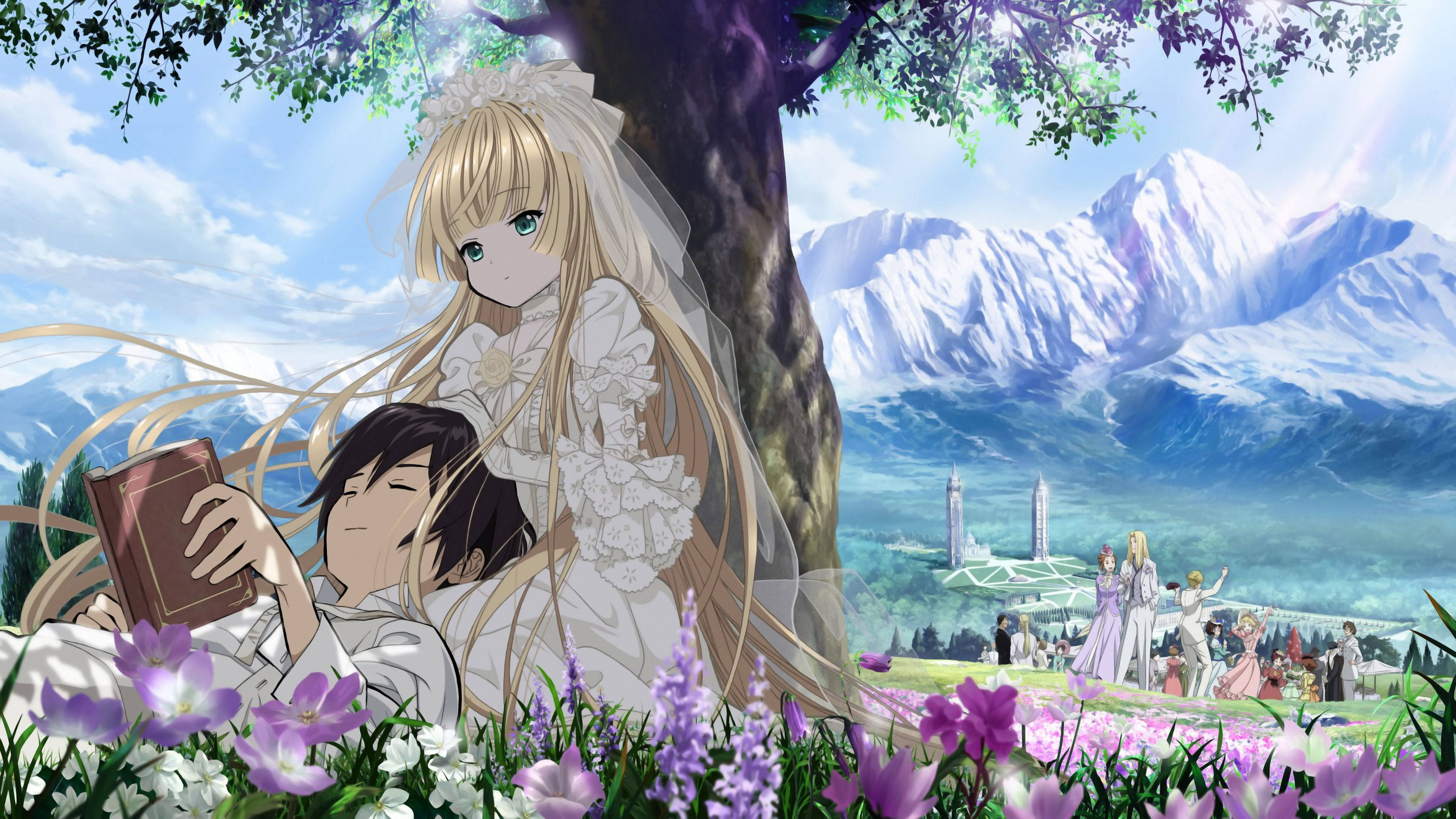 Download Cute Anime Couple In Flower Field Wallpaper