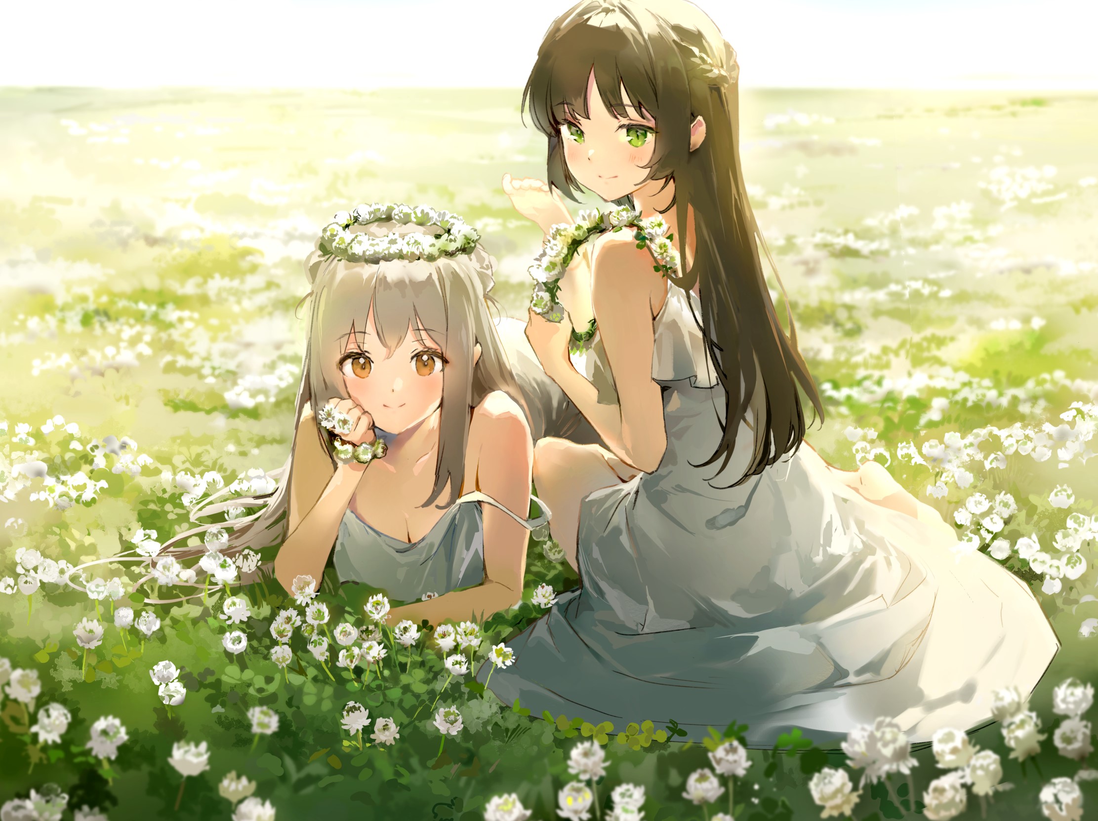 flowers, anime girls, artwork, field, anime, smiling, sun dress, dress, Anmi Gallery HD Wallpaper
