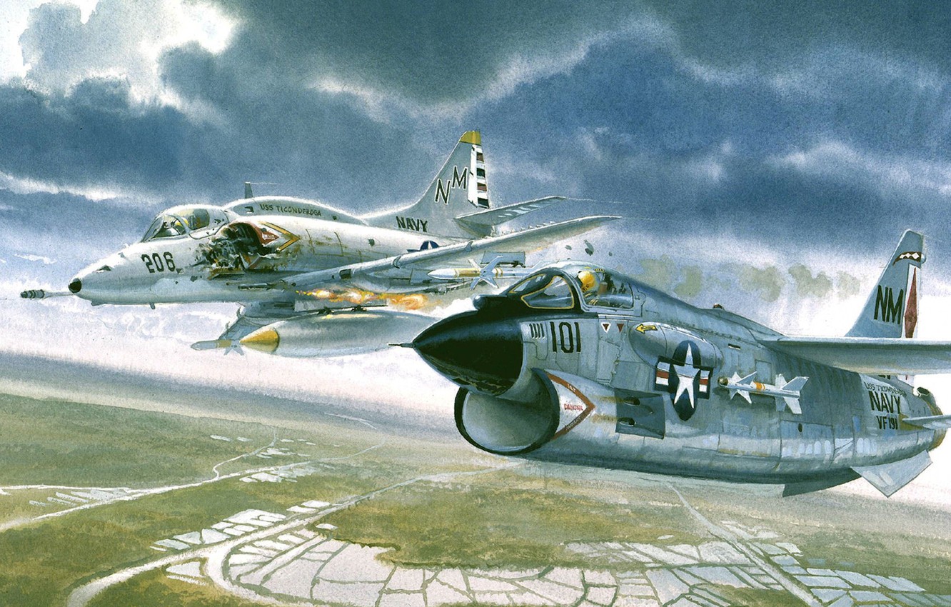 Wallpaper Fire, Fire, Pair, Vietnam, Lined, LTV A 7 Corsair II, Douglas A 4 Skyhawk Image For Desktop, Section авиация
