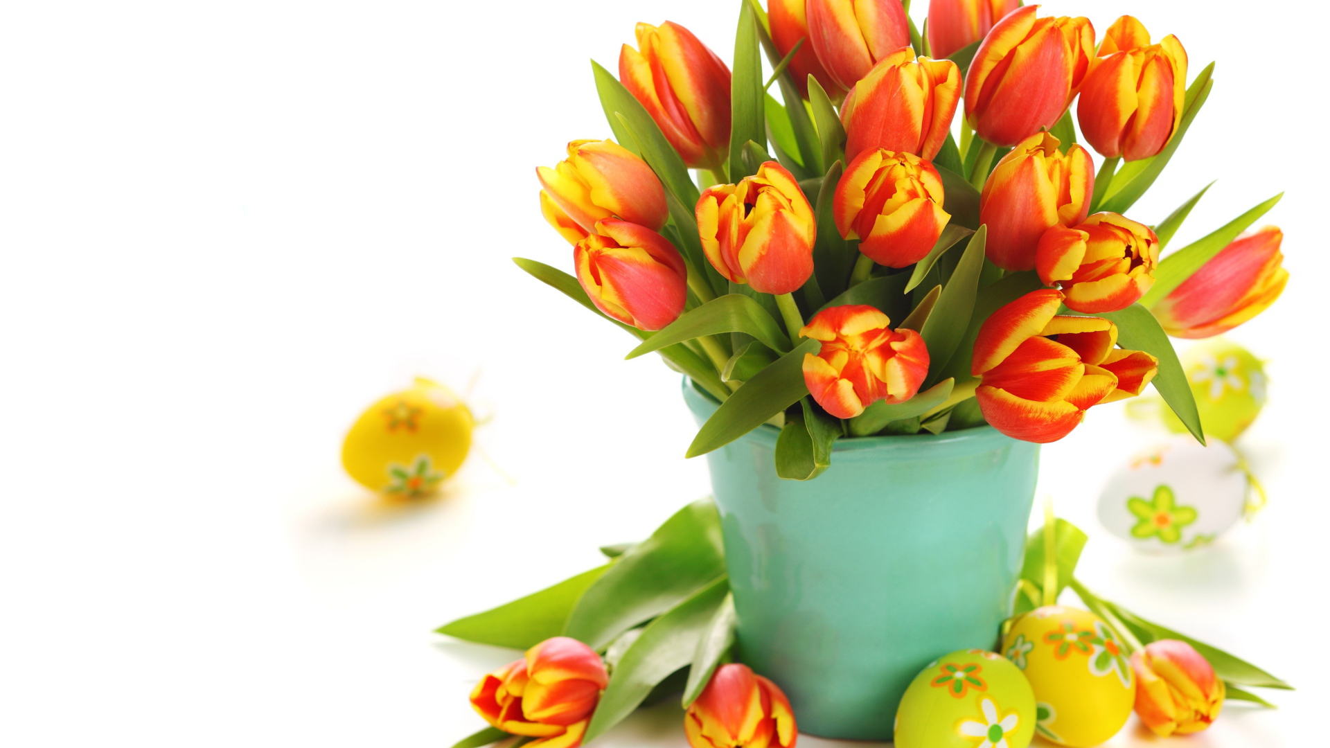 Bouquet of orange tulips with Easter eggs for the Easter holiday Desktop wallpaper 1920x1080