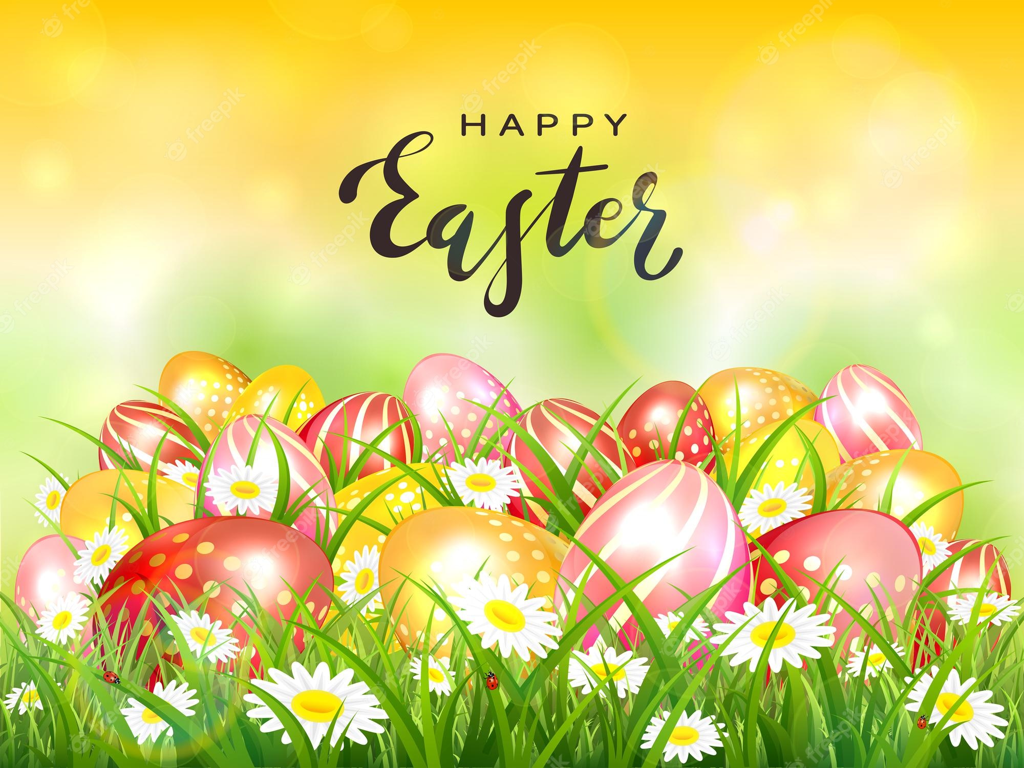 Premium Vector. Easter theme with red, pink and orange eggs in the grass with flowers. black lettering happy easter on yellow background. spring nature. illustration can be used for holiday design