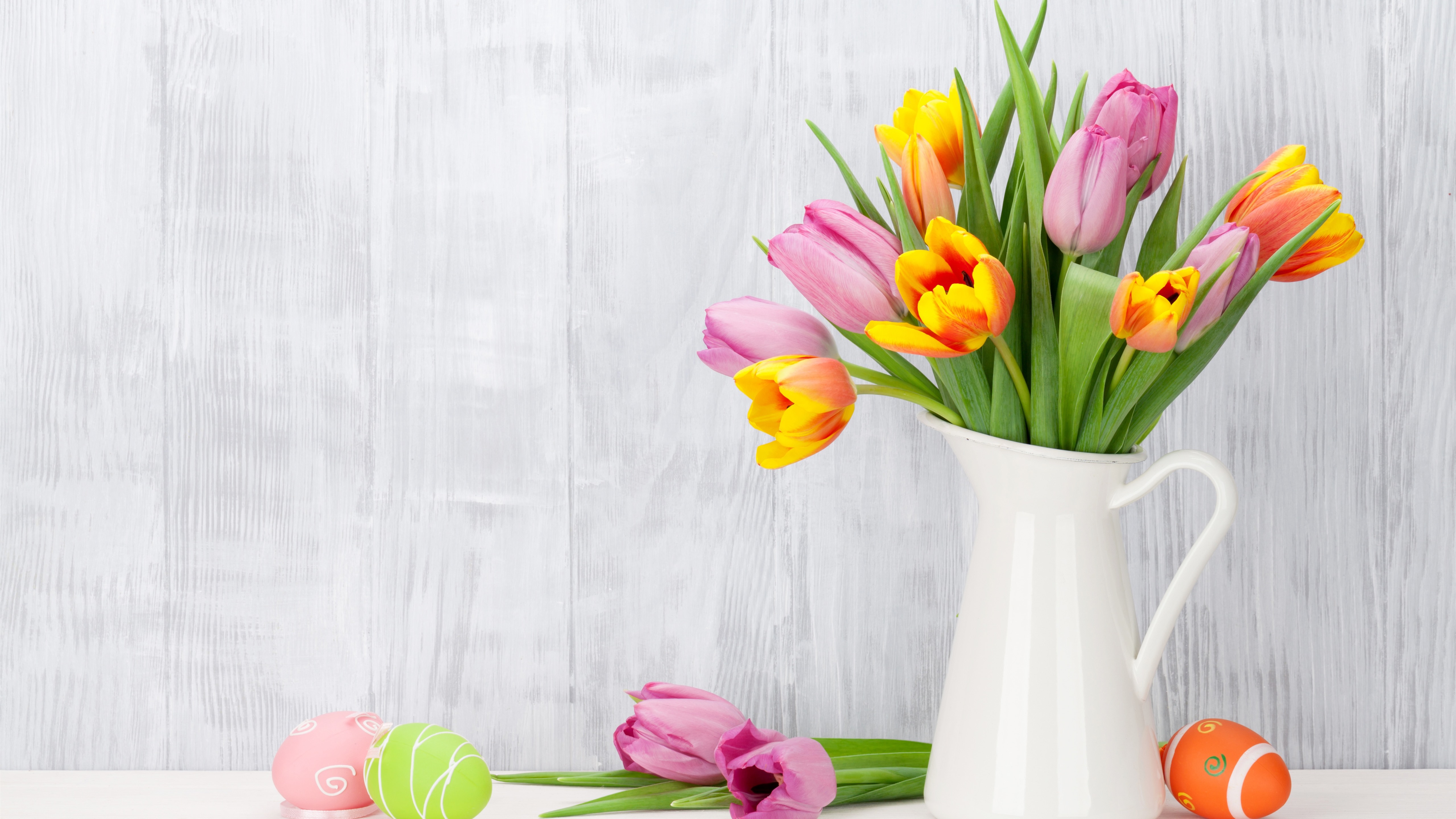 Wallpaper Pink and orange tulips, vase, Easter eggs 5120x2880 UHD 5K Picture, Image