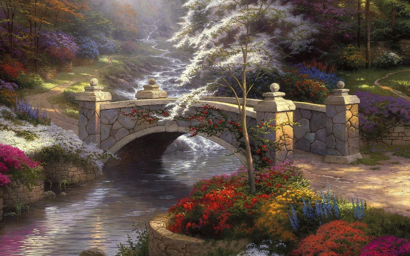 Wallpaper, bridge, stone, small river, spring, trees, flowers, ART, painting 1680x1050