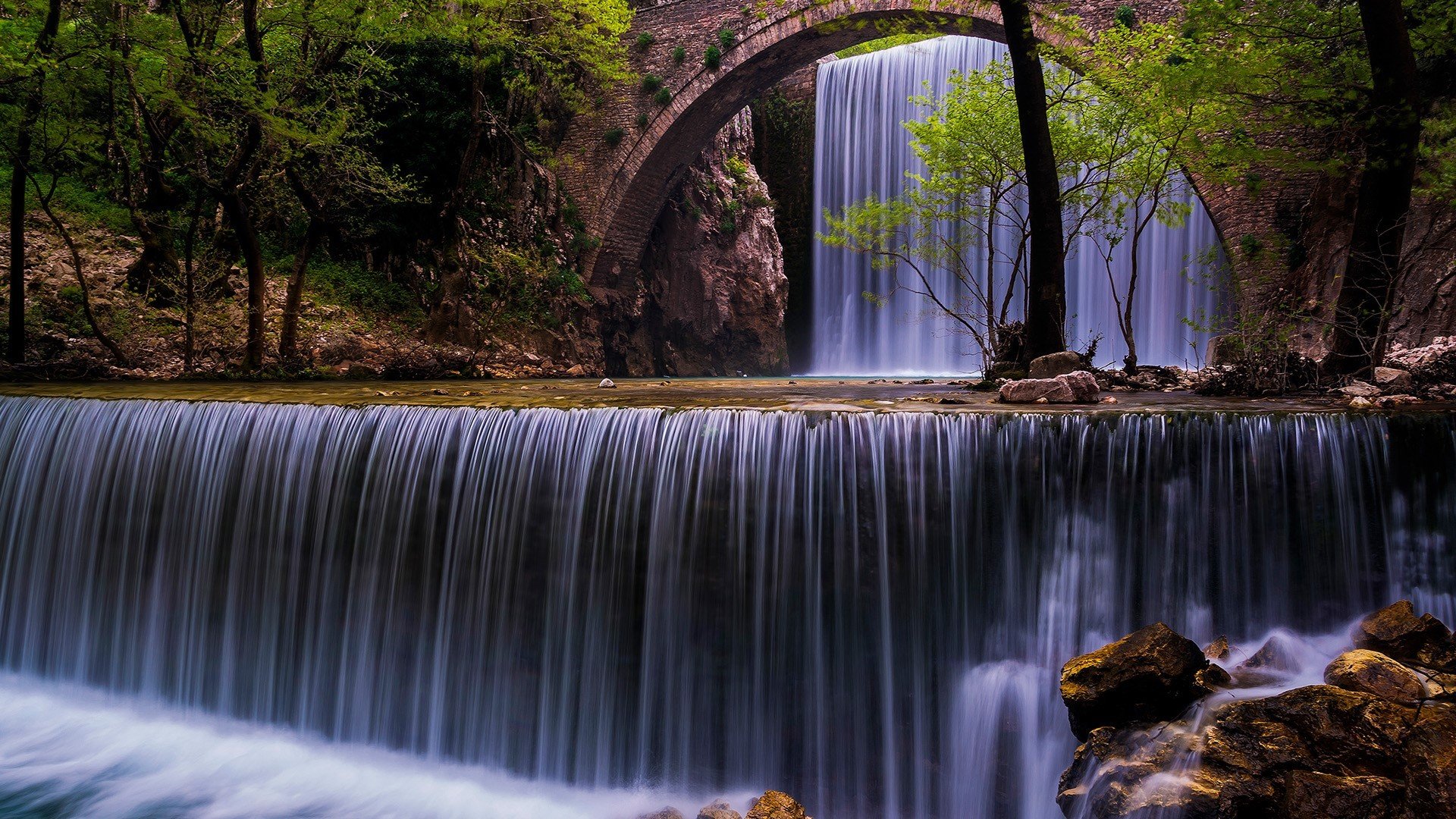 Wallpaper / nature, landscape, waterfall, trees, rocks, long exposure, forest, bridge, spring, Greece free download