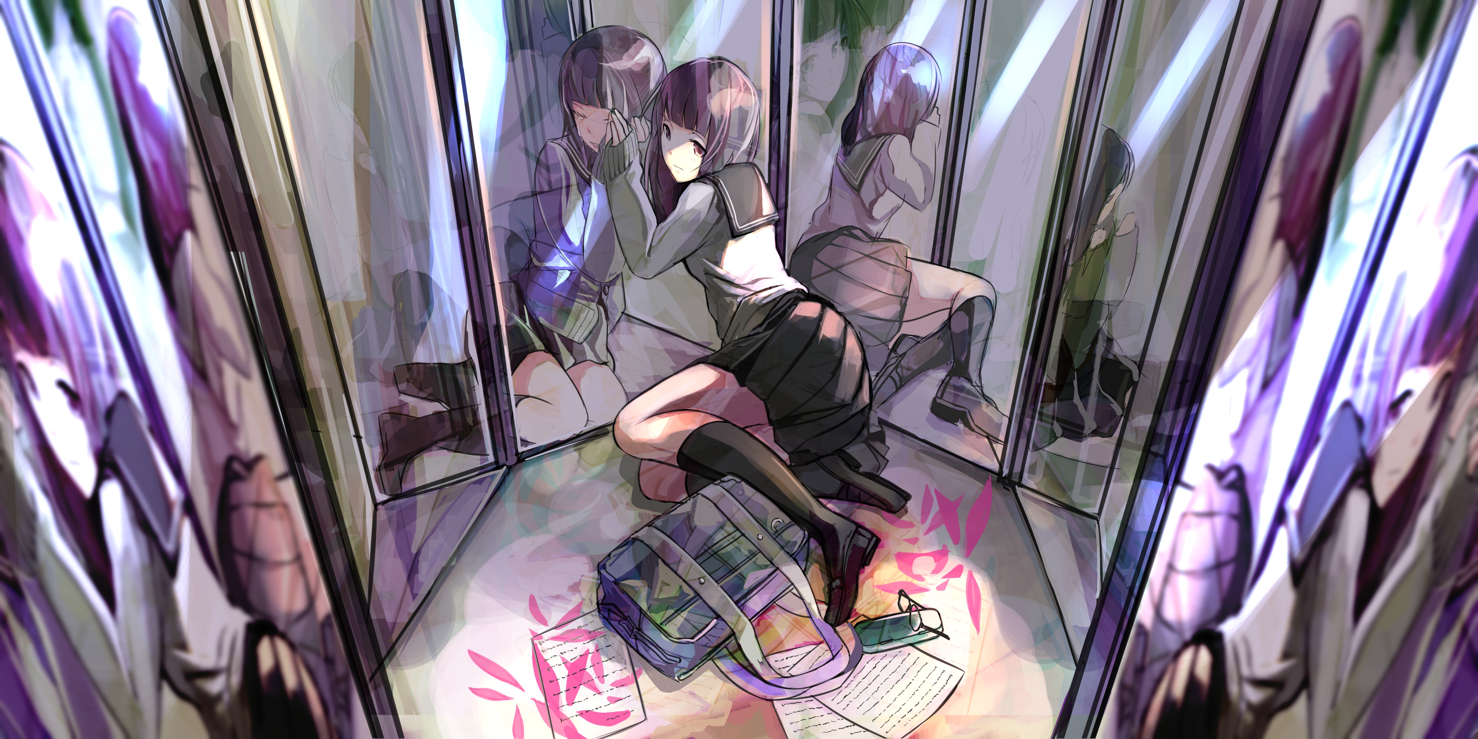 Wallpaper, anime girls, knee highs, mirror, school uniform, skirt, fashion, schoolgirl, schoolbags, ART, color 5787x2894