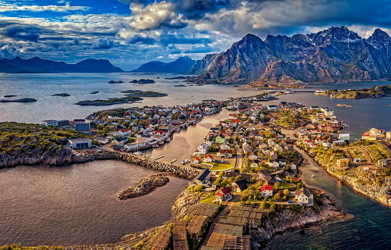 Wallpaper Islands, mountains, home, village, Norway, panorama, Norway, the fjord, Lofoten, Islands, Lofoten, Henningsvær, Henningsvær image for desktop, section пейзажи